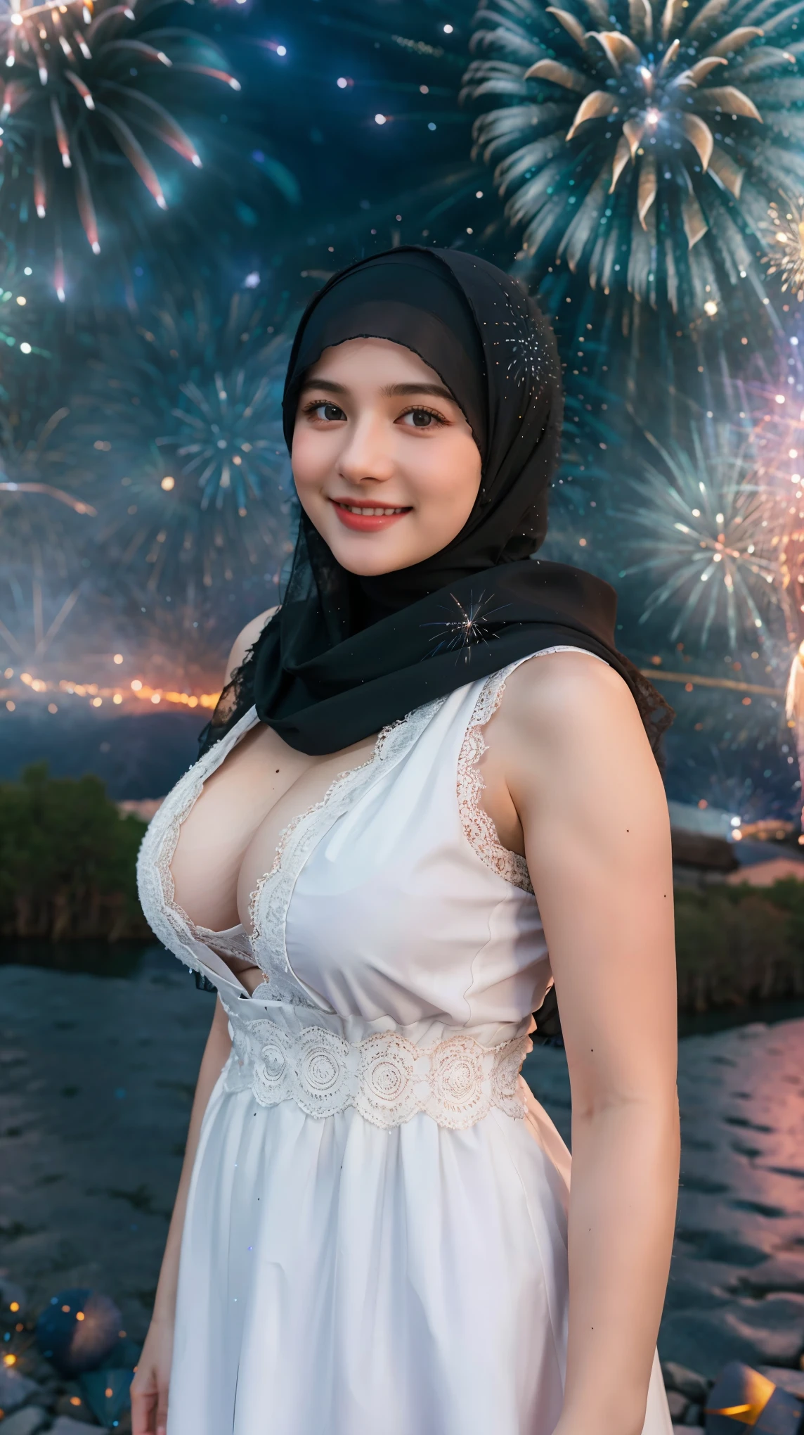 Adorable , Gorgeous , Beautiful , Russian , Large Colossal Chest , 20 Years Old , White Skin , Sleeveless Hijab Lace Muslim Dress , Top of The Mountain Background , Wind , Laughing , Tighten Breast , ((Bokeh:1.3)) , Grey Eye , Black Coloured , ((Firework:1.3)) , ((Night:1.3)) , Standing Pose , HDR , Ultra Detailed , Canon EF 24-70mm f/2.8L II USM