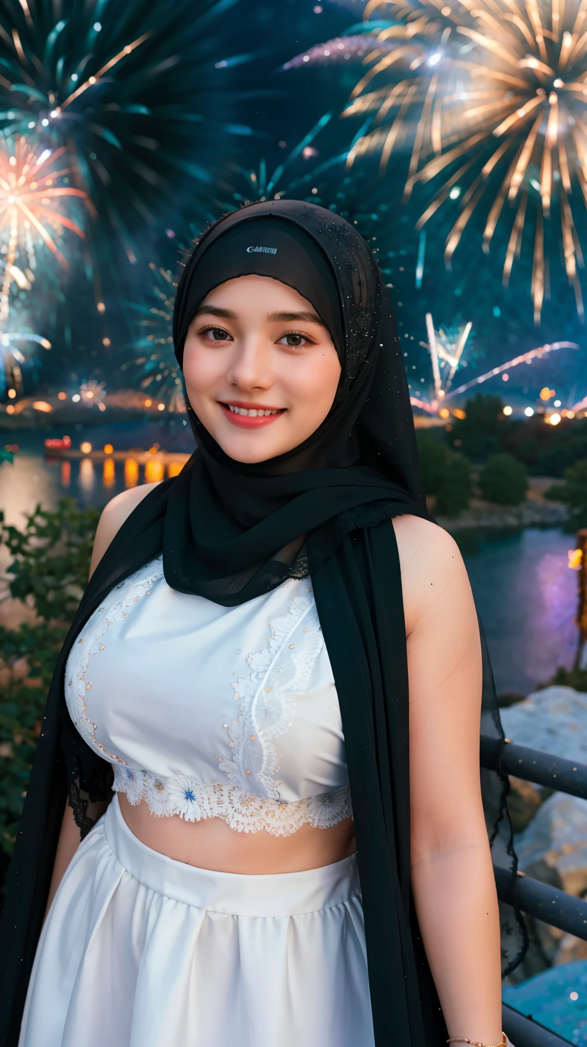 Adorable , Gorgeous , Beautiful , Russian Baby Face , Large Colossal Chest , 20 Years Old , White Skin , Sleeveless Hijab Lace Muslim Dress , Top of The Mountain Background , Wind , Laughing , Tighten Breast , ((Bokeh:1.3)) , Grey Eye , Black Coloured , ((Firework:1.3)) , ((Night:1.3)) , Standing Pose , HDR , Ultra Detailed , Canon EF 24-70mm f/2.8L II USM