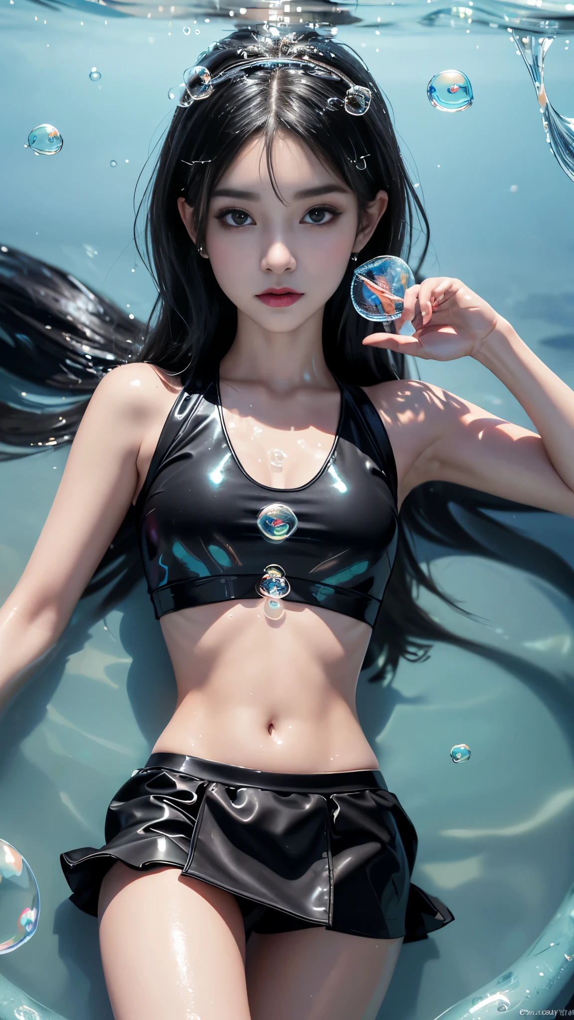 8K, ultra hd, masterpiece, (very detailed), 1 girl, 18 years old, ((glossy bosy)), slim body, ribs, bones, happy face, long hair, detailed eyes, detailed lips, small breasts, (bubble cosplay:1.5), ((black mini skirt)), (black vest), ((bare stomach)), loops, straps, realistic shadow, sea, morning, ((bubble:1.5)), (water bubbles:1.5), water, beautiful, rain, realistic water, water reflection, RTX 4090, ray tracing, bloom, bokeh, underwater,