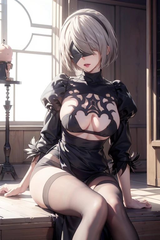 ((highest quality)), ((masterpiece)),(detailed),High resolution,Sharp focus,(非常にdetailed CG unity 8k wallpaper),(((Vibrant colors))), Perfect Face,One girl,Game Characters,2B,Yoruhano. 2 Type B,Nier Automata, High resolution,Second dimension beautiful girl,Super Beauty,Glowing Skin,Shiny silver hair,Short Bob Hair, Big Breasts,glamorous_expensive_Tight waist_Long legs,curve, Camel Toe,Blindfold,Black eye mask,hair band, cute,Lewd,erotic,Bold,露出度のexpensive服装,Sweaty skin,Juliet Sleeve,Puffy sleeves,Feather ornament,Sitting on the stairs, 