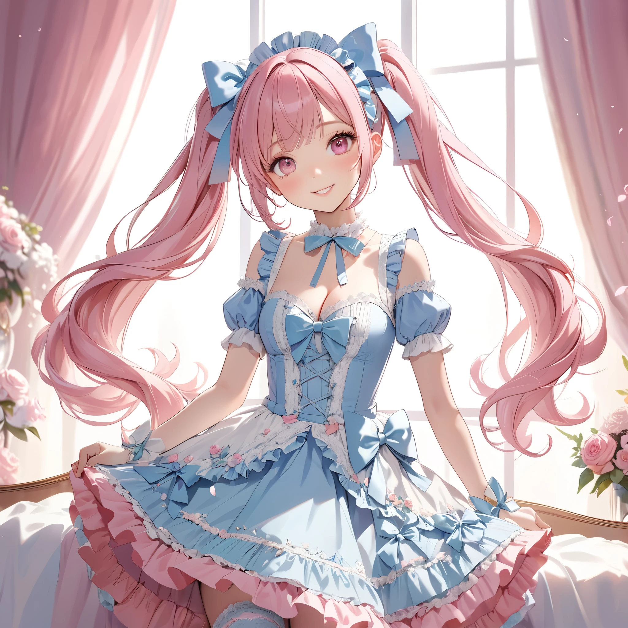 (8K, masutepiece, Highest Quality, Best Quality, Official art, Breathtaking beauty and aesthetics, highly detailed, best masterpiece in history that exceeds limits, Breathtaking and beautiful lighting:1.2), (1 Girl, Solo), (16 years old), (Beautiful detailed face), (shiny white skin), (Beautiful big bust, cleavage:1.5), (tights, high_gap, Beautiful detailed garter stockings), (Beautiful detailed pink twin tails hair, Bangs:1.3), (beautiful detailed drooping pink eyes:1.5), break, (cute Sweet Lolita Idol Ensemble, sweet lolita-style pastel blue dress, adorned with lace and ribbon details, Puffy, knee-length skirt for a playful and girly look, Decorative bows and lace trims for added frilliness:1.3), (happy Beautiful Gentle cute innocent smile:1.3), (happy, Attractive, amazing, Beautiful, Elegant, Luxurious, magnifica, Eye-catching, Graceful, Everyone loves it, Healed, cute like an idol, Stylish like a fashion model, Goddess-like grace, Look at the camera), breathtaking scenery, (ultra detailed realistic Breathtakingly beautiful spring flower garden, colorful petals dancing for wind, butterfly, blue sky:1.5),