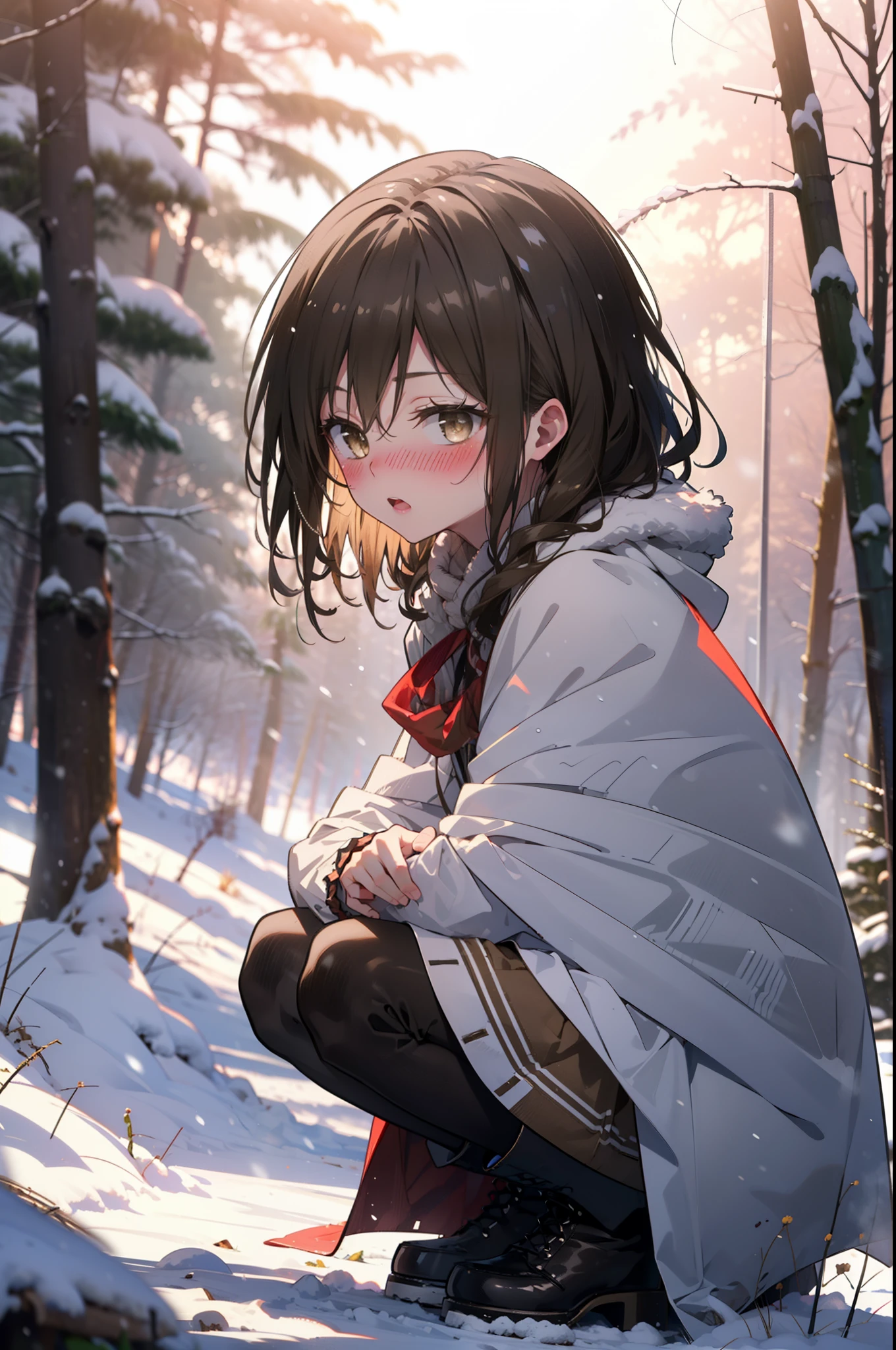 yuikotegawa, Yui Kotegawa, Black Hair, (Brown eyes:1.5),blush,White Breath,
Open your mouth,snow,Ground bonfire, Outdoor, boots, snowing, From the side, wood, suitcase, Cape, Blurred, having meal, forest, White handbag, nature, Squat, Mouth closed, Cape, winter, Written boundary depth, Black shoes, red Cape break looking at viewer, Upper Body, whole body, break Outdoor, forest, nature, break (masterpiece:1.2), highest quality, High resolution, unity 8k wallpaper, (shape:0.8), (Beautiful and beautiful eyes:1.6), Highly detailed face, Perfect lighting, Extremely detailed CG, (Perfect hands, Perfect Anatomy),