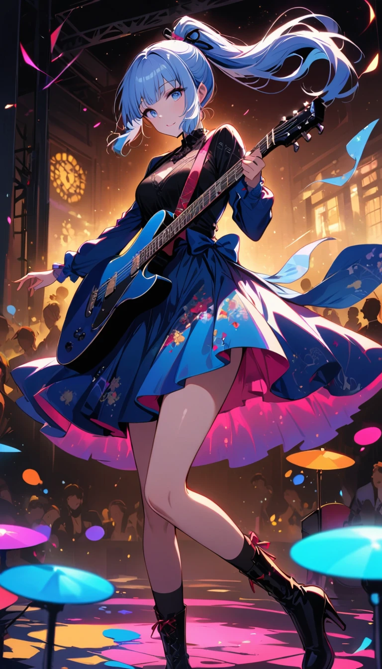 (masterpiece), (best quality), (Super detailed),(illustration), (An idol playing electric guitar on stage), (Fashion Clothing), permanent, Looking at the audience, (Stage Background),Beautiful blue eyes, Beautiful face, floating,(High Saturation),(Colorful splash),Colorful bubbles,(shining), focus on face, Ponytail, Kamisato Ayaka, light blue hair, Bangs, Hair ring, floating花朵, Floating hair, (shining), Optimal lighting, The best shadow,