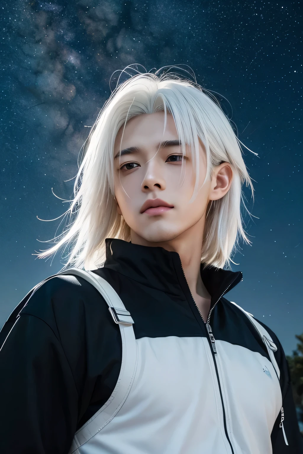 Anime style，A young handsome boy，With thick white hair，Stargazing in the summer, Shooting stars dart across the sky