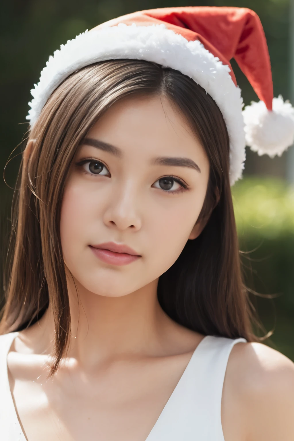 ((Sacred clothing、Santa hat、Shoulder out、Photographed from the front))、The chest shape is clear,,,、(Realistic、Photorealistic、Ultra-detailed、Highest Detail Skin、highest quality、masterpiece、超A high resolution)、Cute Japanese Woman、16 years old、high school girl、Young girl、light makeup、No makeup、One Girl、Has bangs、double eyelid、drooping eyes、Japanese style face、Simple face、Have a look at this、Realistic skin types、Fluffy hair、Red cheeks、The wind is blowing、It&#39;s snowing、Night Scenery、illumination、Lighting from behind、smile