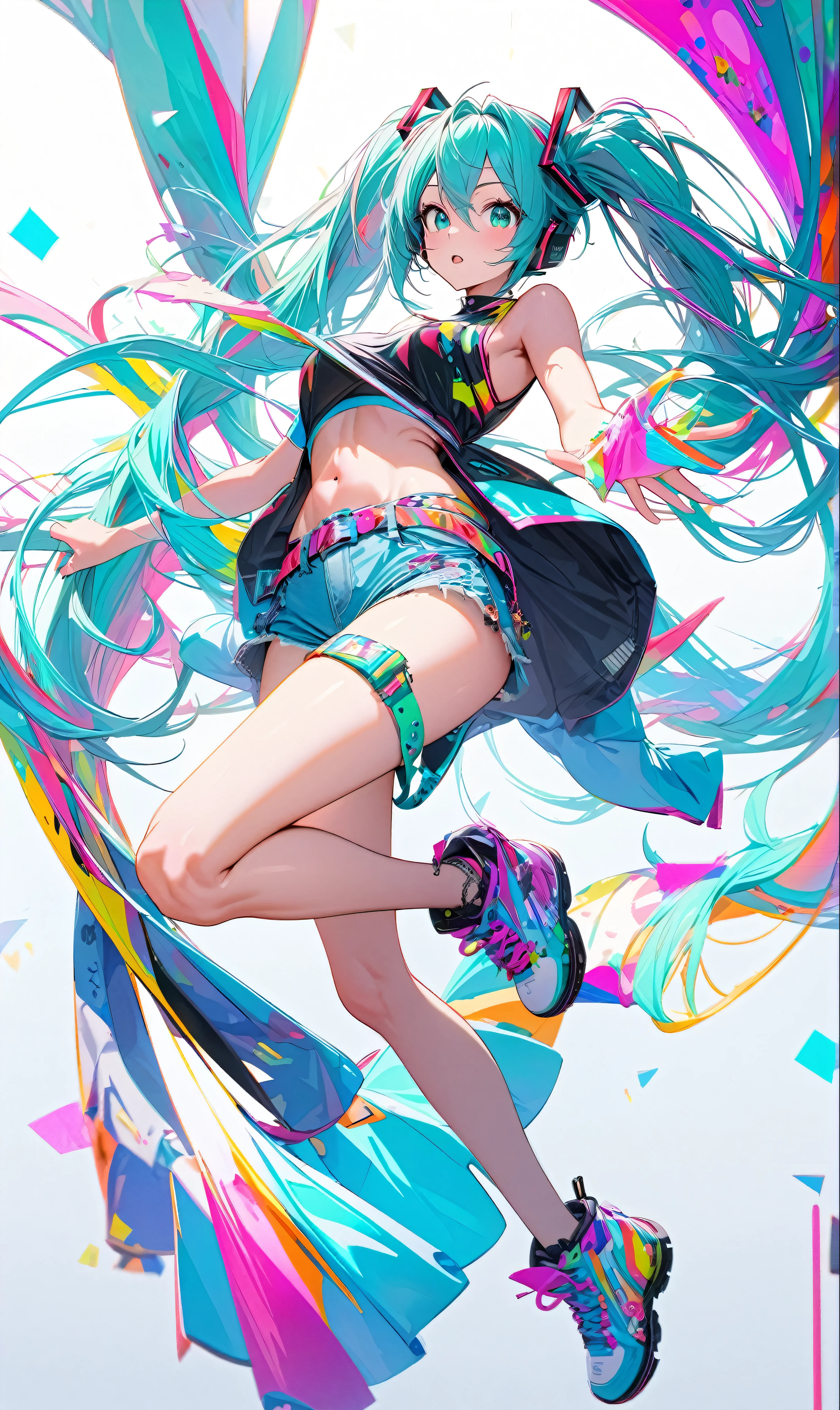 hatsune_miku, jumping, pop clothes, bare legs, belt on right leg, beautiful stomach, colorful, bright, perfect hand, perfect arms, simple white background, ultra detailed, 8k