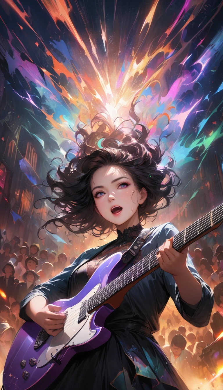 (best quality,4k,8k,highres,masterpiece:1.2),ultra-detailed,realistic:1.37,portrait,concert,electric guitar,rockstar,musician,energetic performance,starry background,laser lights,provocative outfit,crowd cheer,celebrating fans,electric atmosphere,loud music,rock and roll,stage presence,exquisite craftsmanship,display of talent,fingers strumming,electricity in the air,passionate expression,amazing stage effects,music filling the venue,vibrant colors,shining stage,rhythm and blues,roaring crowd,electric energy,guitar solo,creative improvisation,melodic tunes,sweat dripping,synchronized movements,explosive performance,showmanship,memorable show,rock music,hypnotic rhythm,grandeur and charisma,euphoric atmosphere,magnetizing presence,vivid colors,aurora lighting