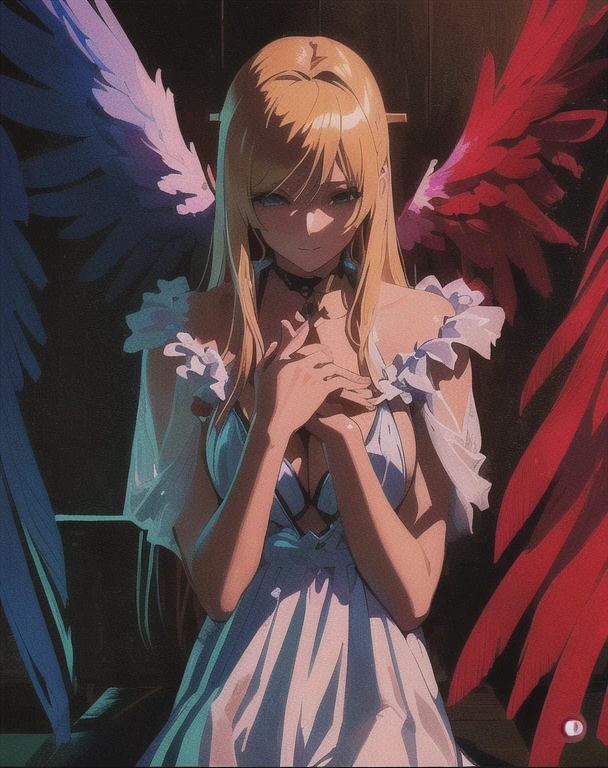 a woman in a bikini top and angel wings is sitting on a table, anime goddess, beautiful alluring anime woman, seductive anime girl, beautiful anime girl, beautiful anime woman, extremely detailed artgerm, blonde anime girl with long hair, detailed digital anime art, beautiful angel, of an beautiful angel girl, of beautiful angel, cute anime waifu in a nice dress