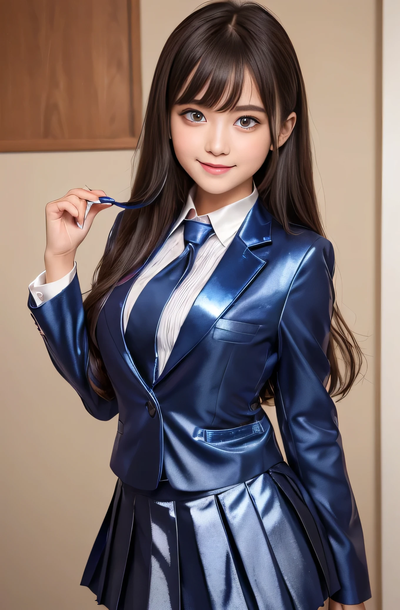 Angelic Very beautiful cute young girl,
Beautiful detailed eyes,
Detailed double eyelids,
(Large eyes:1.3),
Long straight brown hair,
see-through bangs,
beautiful detailed face and eyes, small straight nose,
smiling,
BREAK (super shiny metallic dark blue blazer:1.3),metallic pearl white school blouse,(shiny metallic bright pink neck ribbon tie:1.2),(super shiny metallic dark blue pleated skirt :1.5),(school uniform with super reflective surfaces:1.5),
(Very beautiful cute girl:1.2),
Very beautiful cute young girl, Beautiful detailed eyes,
Detailed double eyelids,
(Large eyes:1.3),
Long straight brown hair,
see-through bangs,
beautiful detailed face and eyes, laughing,
break
(Very beautiful cute girl, Beautiful detailed eyes, Detailed double eyelids:1.3),
(Soft Saturation: 1.3),
(Fair skin: 1.4),
(Large eyes:1.4),
break
Very beautiful cute girl,
Sharp Focus,
brown hair,
Very beautiful cute girl,
Raw photo,
High resolution,
perfect detail,
Professional Photography, Professional Lighting,
strong lighting,
break
(smile:1.6)