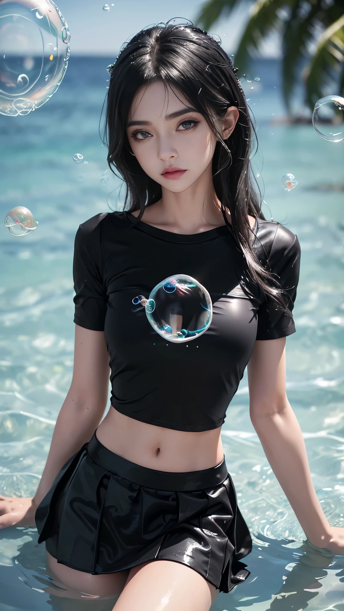 8K, ultra hd, masterpiece, (very detailed), 1 girl, 18 years old, ((glossy bosy)), slim body, ribs, bones, happy face, long hair, detailed eyes, detailed lips, small breasts, (bubble cosplay:1.5), ((black mini skirt)), (black t-shirt:1.5), (bare arms t-shirt1.5), ((bare stomach)), loops, straps, realistic shadow, sea, morning, ((bubble:1.5)), (water bubbles:1.5), water, beautiful, rain, realistic water, water reflection, RTX 4090, ray tracing, bloom, bokeh, underwater,