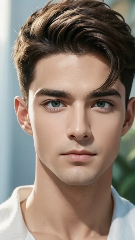 homem branco, cabelos loiros curto, olhos verdes, dentes perfeitos, cara de esnobe, pelo rubio