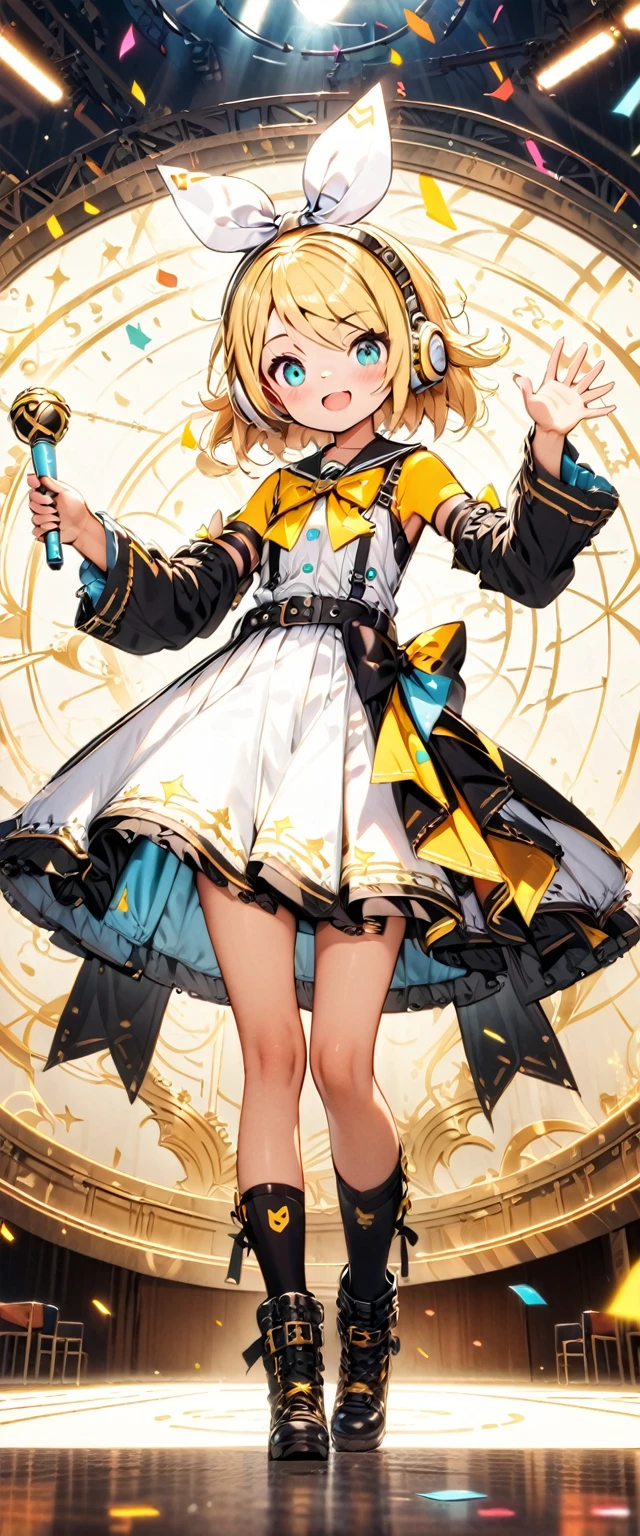 KAGAMINE RIN\(vocaloid\),solo,1female\(cute,kawaii,age of 10,KAGAMINE RIN\(vocaloid\),light yellow hair, short hair,red tattoo of numbers"02" on shoulder,(big white bow),sleeveless white shirt,detached black arm bell sleeves,(arm sleeves are black bell sleeves:1.2),belt,sailor collar,yellow wide tie,white headphones,black shorts,black  knee high leg warmers,yellow key strap at belt,open shoulder,singing and dancing,(very cute pose:1.4),(korean idol pose:1.4),dynamic pose,(cute big smile),(full body),looking away\), BREAK ,background\((live stage),colorful confetti,pastel color spotlights,(many colorful music notes),(many audience waving yellow glow sticks at audience seats),\), BREAK ,quality\(8k,wallpaper of extremely detailed CG unit, ​masterpiece,hight resolution,top-quality,top-quality real texture skin,hyper realisitic,increase the resolution,RAW photos,best qualtiy,highly detailed,the wallpaper,cinematic lighting,ray trace,golden ratio\),RIN is so so cute,dynamic angle,long shot,wide shot,(aerial view:0.4)