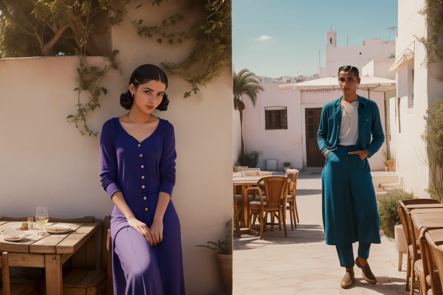 Tangier, 1936. portrait of A young ((((25-year-old)) Sira Quiroga)), beautiful, skinny, ((in love)), in an outdoors cafe, with her (((boyfriend))), ((((clothings from the 1930s)))), ((hairstyle of the 1930s)), ((colorful))