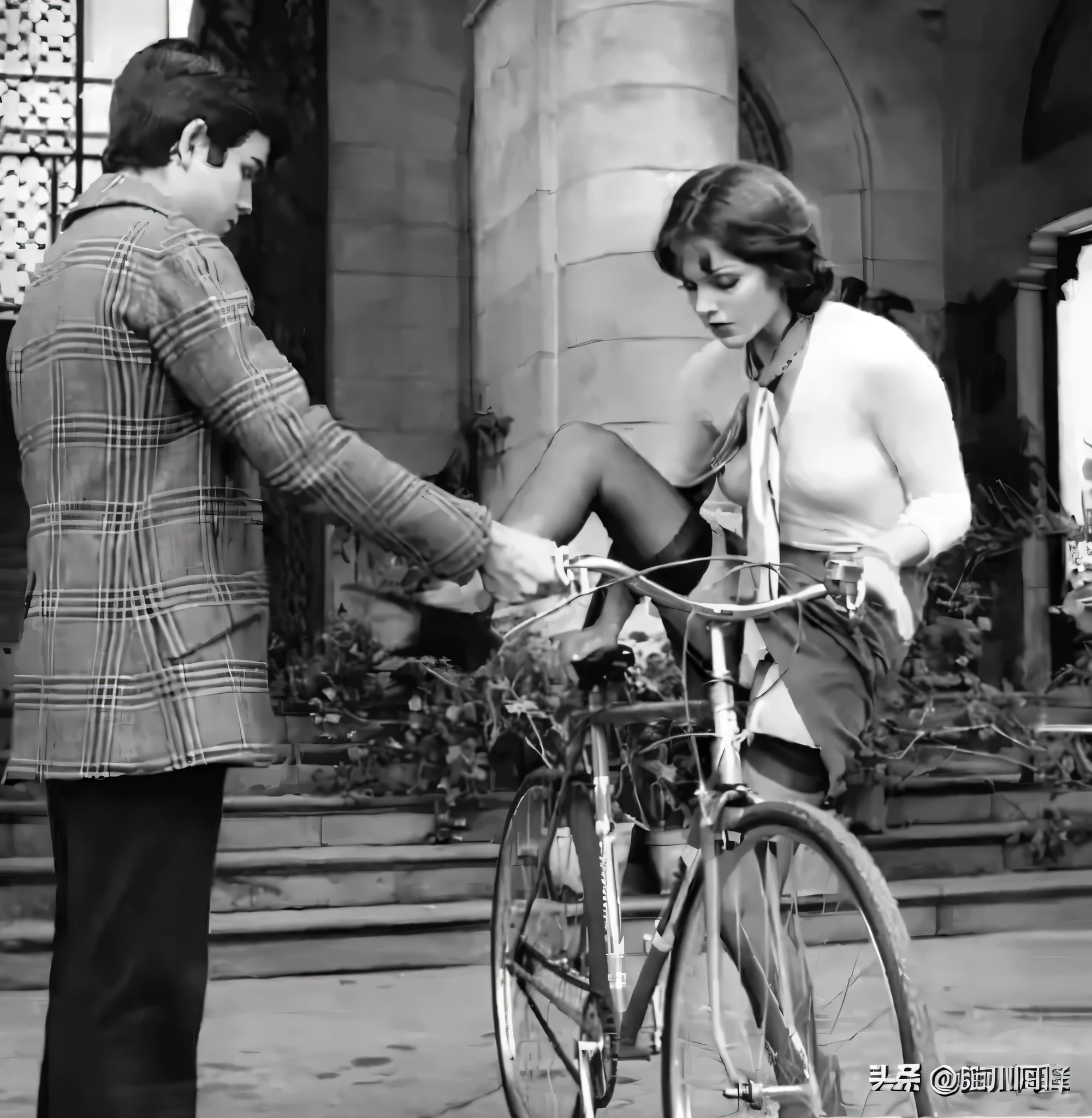 A woman riding a bicycle，A man holding her hand, Retro movie lens, Cycling, author：Jerry Schatzberg, author：Kees Scherer, From the scene, bicycle, 70s Street Photography, Inspired by Ruth Orkin, inspired author：Jerry Schatzberg, 🚿🗝📝, , French New Wave