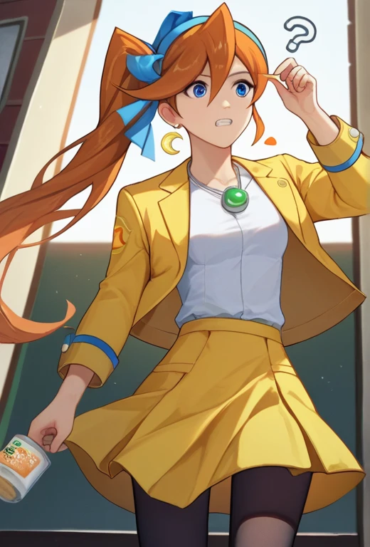 score_9, score_8_superior, score_7_superior, sauce_anime, alone, One girl, athena sykes, Recall, question mark, Side Ponytail, Hair Ribbon, Yellow Jacket, White shirt, Yellow Skirt, Black Pantyhose, jewelry, necklace, Crescent-shaped earrings, teeth, indoor 