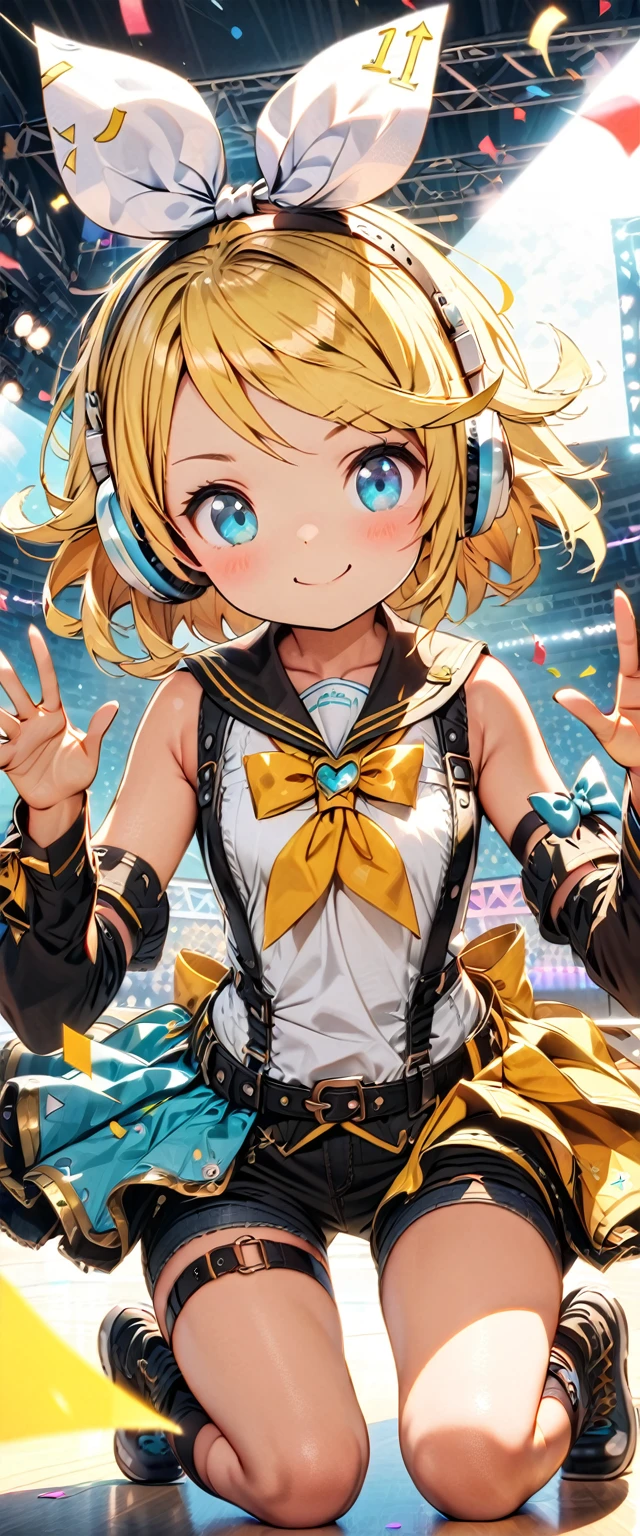 KAGAMINE RIN\(vocaloid\),solo,1female\(cute,kawaii,age of 10,KAGAMINE RIN\(vocaloid\),light yellow hair, short hair,red tattoo of numbers"02" on shoulder,(big white bow),sleeveless white shirt,detached black arm bell sleeves,(arm sleeves are black bell sleeves:1.2),belt,sailor collar,yellow wide tie,white headphones,black shorts,black  knee high leg warmers,yellow key strap at belt,open shoulder,singing and dancing,(very cute pose:1.5),(korean idol pose:1.5),dynamic pose,(cute big smile),(full body),looking away\), BREAK ,background\((live stage),colorful confetti,pastel color spotlights,(many colorful music notes),(many audience waving yellow glow sticks at audience seats),\), BREAK ,quality\(8k,wallpaper of extremely detailed CG unit, ​masterpiece,hight resolution,top-quality,top-quality real texture skin,hyper realisitic,increase the resolution,RAW photos,best qualtiy,highly detailed,the wallpaper,cinematic lighting,ray trace,golden ratio\),RIN is so so cute,dynamic angle,long shot,wide shot,(aerial view:0.3)