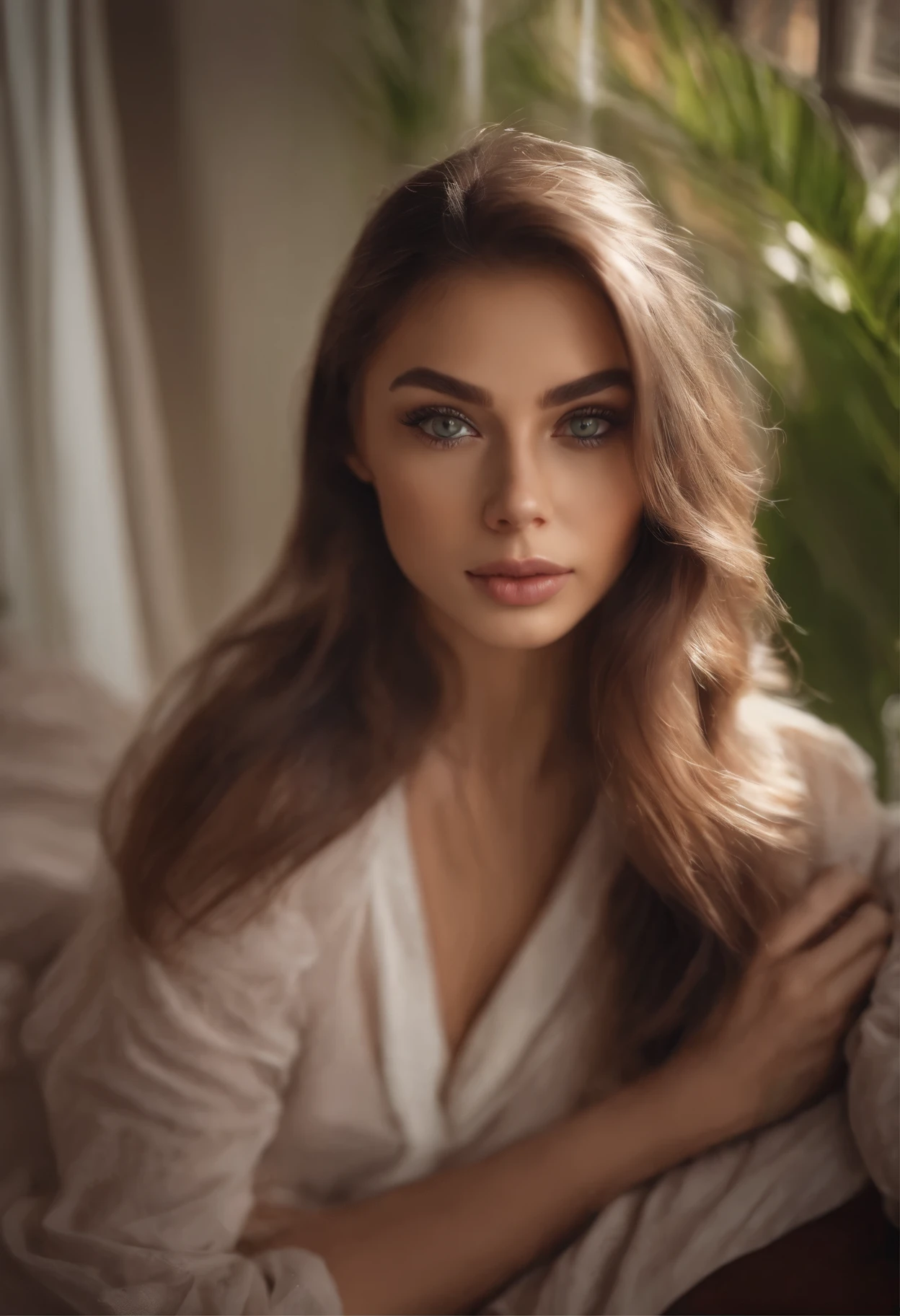 arafed woman fully , sexy girl with brown eyes, ultra realistic, meticulously detailed, portrait sophie mudd, brown hair and large eyes, selfie of a young woman, dubai eyes, violet myers, without makeup, natural makeup, looking directly at the camera, face with artgram, subtle makeup, stunning full body shot kneeling on bed, in bedroom,