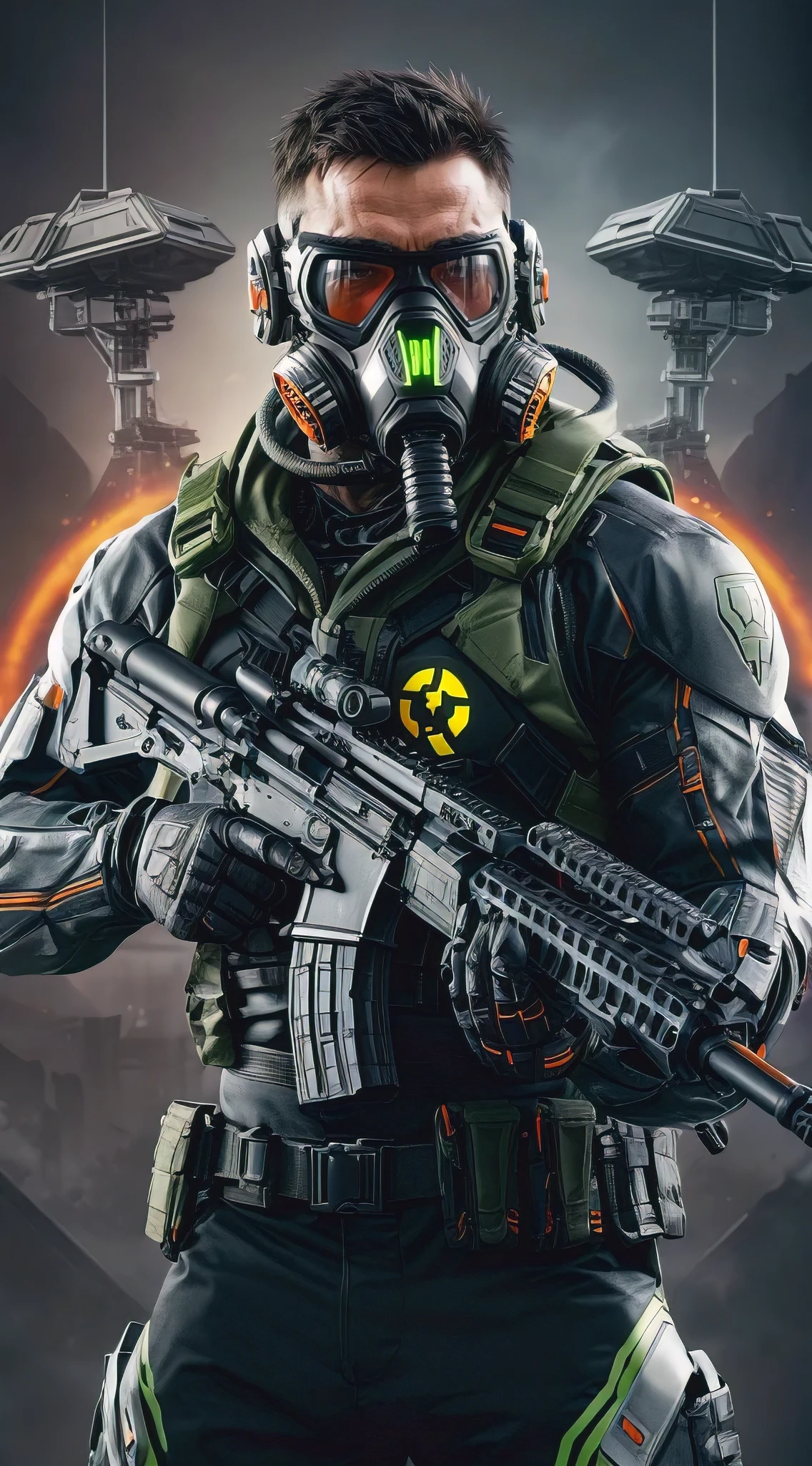 A highly realistic and immersive illustration of a futuristic biopunk soldier, showcasing an array of impressive body augmentations and cutting-edge techwear. The soldier's outfit is predominantly black and green, with glowing orange accents that enhance the overall futuristic theme. The state-of-the-art combat gas mask features a prominent biohazard symbol, representing the soldier's faction. The soldier holds a menacing yet functional futuristic assault rifle, exuding an air of intimidation. The command post in the background adds to the scene's immersive atmosphere, while the intricate details bring the soldier's cybernetic enhancements to life., illustration