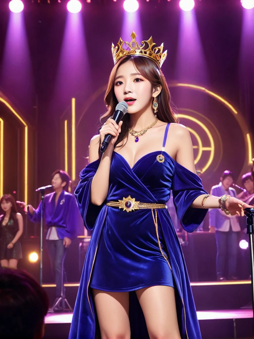 (Vision:1.8),1girl, concert,(audience:1.5), (Idol stage:1.5),weekend,站在金碧辉煌的Idol stage上,Wearing a golden crown,Dressed in a royal purple velvet robe,Wearing exquisite jewelry,Under the stage lights,A confident expression,The slim microphone fits in your hand,The stage is filled with smoke,Lights focus on people,It creates a mysterious and charming atmosphere,Beautiful eyes and lips,Even more attractive against the shadow background,Laser shows and moving stage effects complement the pulsating neon lights,Create a vibrant performance atmosphere,The stage floor is gleaming,The crowd was enthusiastic,Warm atmosphere,Eye-catching stage design,Full of technology,World-class production standards,Bringing a modern entertainment experience,Music and images blend perfectly,Demonstrating artistic expression and musical talent,The charming stage style makes people intoxicated,Best quality,8K, high resolution,masterpiece,Photorealistic effects,(从远处观看Idol stage:1.6),((Stage scene in telescope))