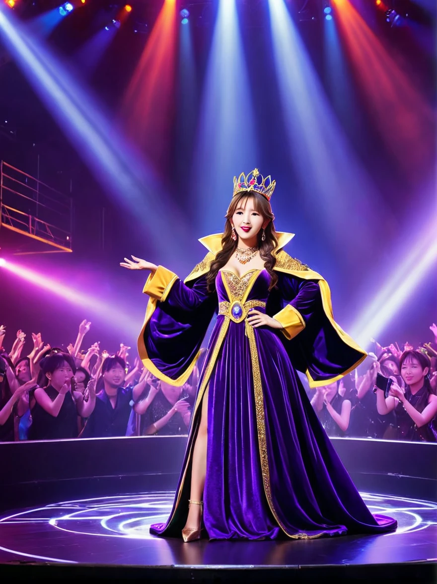 (Vision:1.8)，1girl, concert，(audience:1.5), (Idol stage:1.5)，weekend，站在金碧辉煌的Idol stage上，Wearing a golden crown，Dressed in a royal purple velvet robe，Wearing exquisite jewelry，Under the stage lights，A confident expression，The slim microphone fits in your hand，The stage is filled with smoke，Lights focus on people，It creates a mysterious and charming atmosphere，Beautiful eyes and lips，Even more attractive against the shadow background，Laser shows and moving stage effects complement the pulsating neon lights，Create a vibrant performance atmosphere，The stage floor is gleaming，The crowd was enthusiastic，Warm atmosphere，Eye-catching stage design，Full of technology，World-class production standards，Bringing a modern entertainment experience，Music and images blend perfectly，Demonstrating artistic expression and musical talent，The charming stage style makes people intoxicated，Best quality，8K, high resolution，masterpiece，Photorealistic effects，(从远处观看Idol stage:1.6)，((Stage scene in telescope))