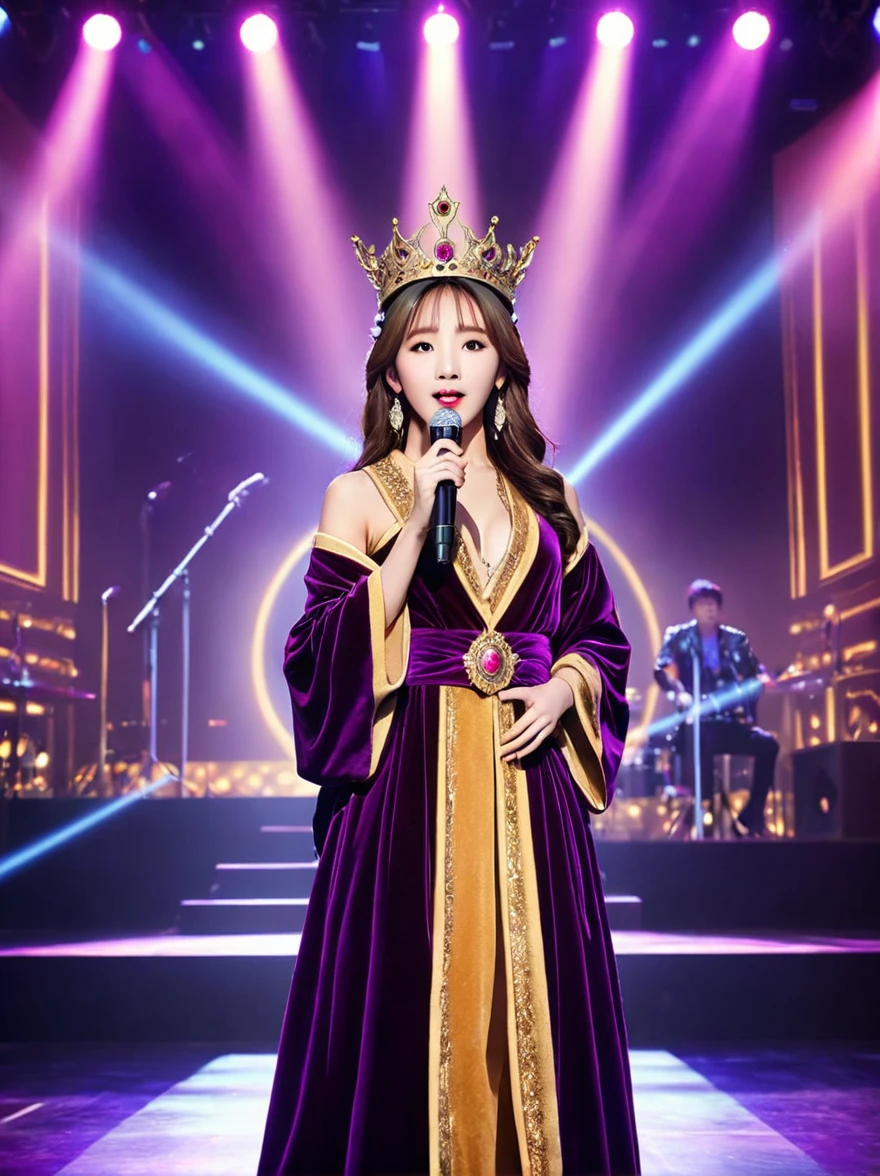 (Vision:1.8),1girl, concert,(audience:1.5), (Idol stage:1.5),weekend,站在金碧辉煌的Idol stage上,Wearing a golden crown,Dressed in a royal purple velvet robe,Wearing exquisite jewelry,Under the stage lights,A confident expression,The slim microphone fits in your hand,The stage is filled with smoke,Lights focus on people,It creates a mysterious and charming atmosphere,Beautiful eyes and lips,Even more attractive against the shadow background,Laser shows and moving stage effects complement the pulsating neon lights,Create a vibrant performance atmosphere,The stage floor is gleaming,The crowd was enthusiastic,Warm atmosphere,Eye-catching stage design,Full of technology,World-class production standards,Bringing a modern entertainment experience,Music and images blend perfectly,Demonstrating artistic expression and musical talent,The charming stage style makes people intoxicated,Best quality,8K, high resolution,masterpiece,Photorealistic effects,(从远处观看Idol stage:1.6),((Stage scene in telescope))