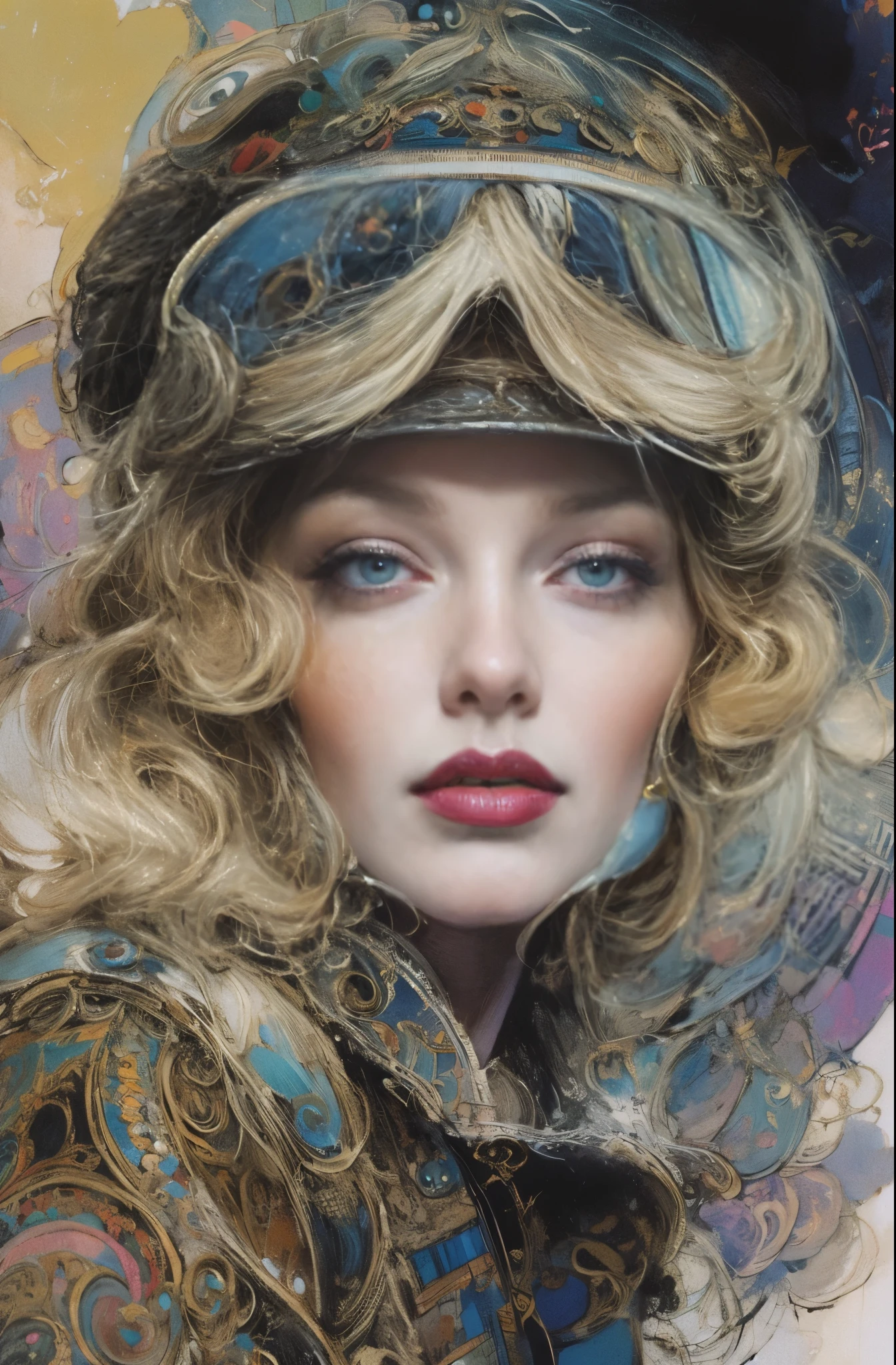 A beautiful portrait of a female pilot, Marlene Dietrich, Icons of decadence, pretty much beautiful face, Ultra-detailed paintings inspired by WLOP, ArtStation Trends, Fantasy art, intricate WLOP, art of WLOP, WLOPart, WLOP |, the style of WLOP, Beautiful character drawings, WLOP painting style, WLOP | art germ, Unparalleled Beauty Tumbler, Figurative art, Intense watercolor, Watercolor detailed art, Watercolor splash, Surreal, Avant-garde pop art, Beautiful and expressive paintings, Beautiful artwork illustration, Very colorful tones, wonderful, Cool Beauty, masterpiece, highest quality, Official Art, women only, Sharp contours, Best Shot, Vector art, By Sandra Chevrier, Dave McKean、Richard Avedon、By Makiej Kusiala, Bright design