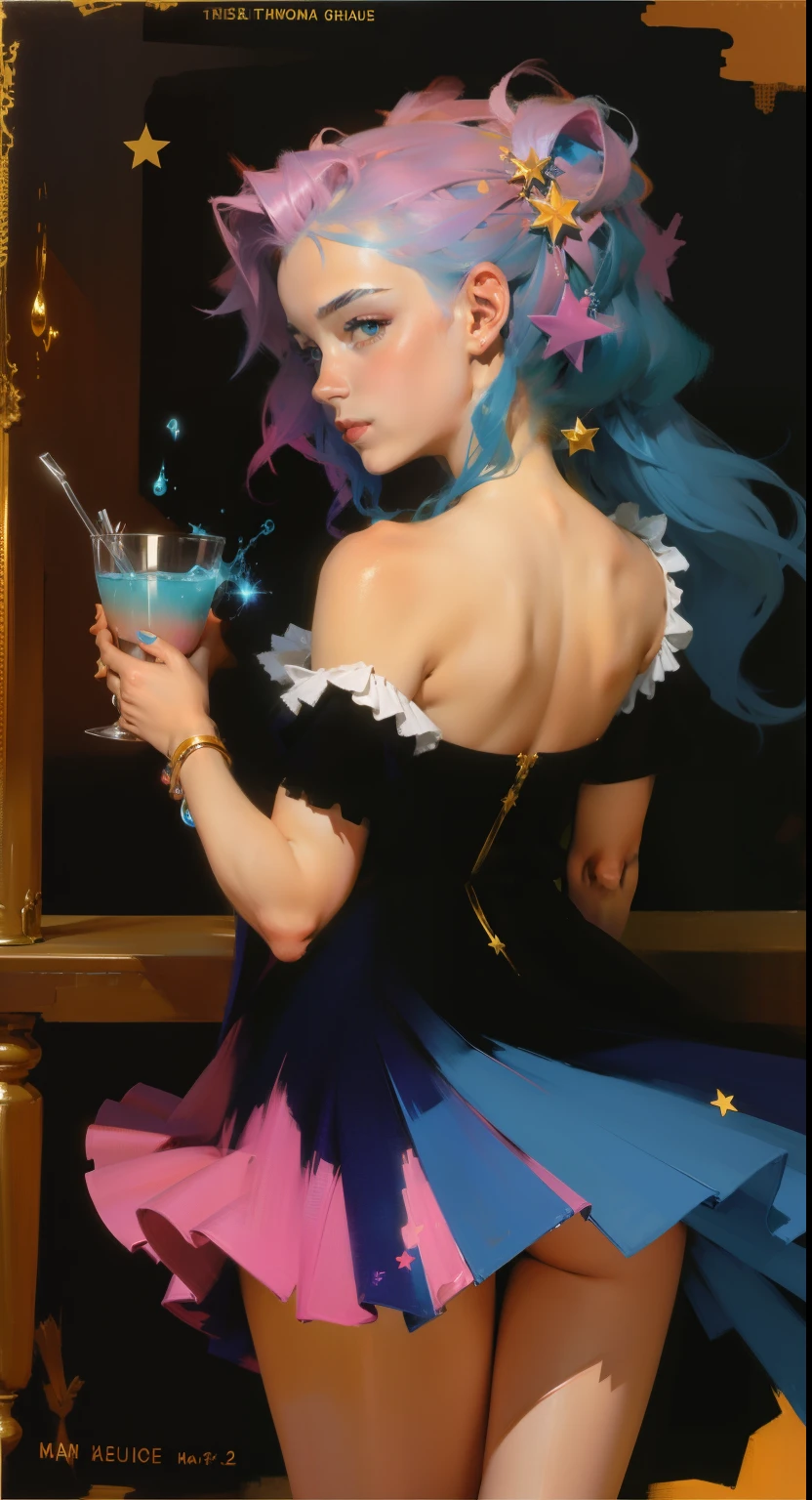 (tmasterpiece,top-quality,best qualityer,,offcial art,Beauty and aesthetics:1.2),(1girll:1.3),(s fractal art:1.3),The upper part of the body,Elegant dress,seen from the side,looking at viewert,(rainbow colour hair,The color hair,Half blue and half pink hair:1.2),Eau,liquids,clouds,Colorful,Starry,As estrelas,