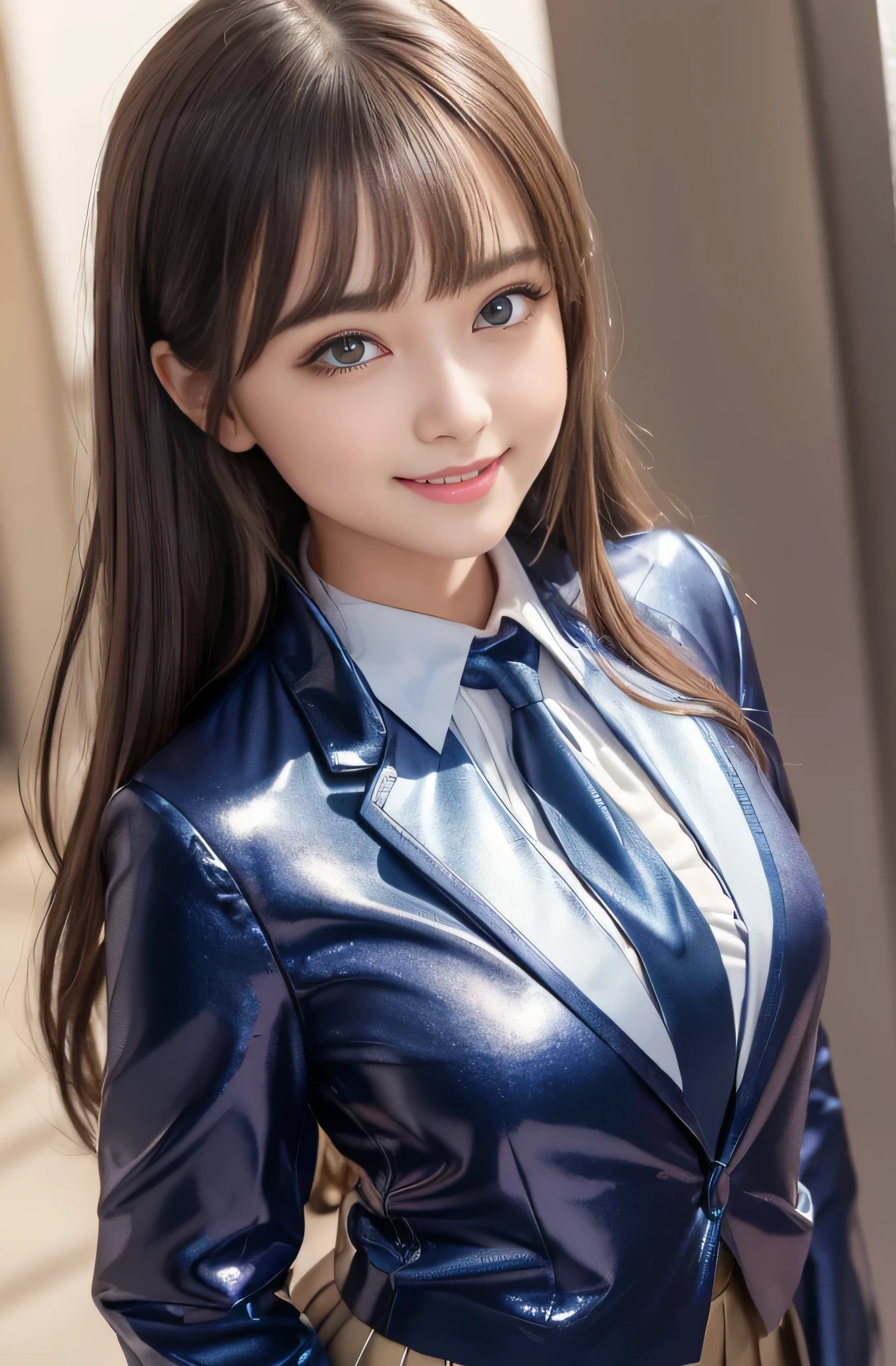 Angelic Very beautiful cute young girl,
Beautiful detailed eyes,
Detailed double eyelids,
(Large eyes:1.3),
Long straight brown hair,
see-through bangs,
beautiful detailed face and eyes, small straight nose,
smiling,
BREAK (super shiny metallic dark blue blazer:1.3),metallic pearl white school blouse,(shiny metallic bright pink neck ribbon tie:1.2),(super shiny metallic dark blue pleated skirt :1.5),(school uniform with super reflective surfaces:1.5),
(Very beautiful cute girl:1.2),
Very beautiful cute young girl, Beautiful detailed eyes,
Detailed double eyelids,
(Large eyes:1.3),
Long straight brown hair,
see-through bangs,
beautiful detailed face and eyes, laughing,
break
(Very beautiful cute girl, Beautiful detailed eyes, Detailed double eyelids:1.3),
(Soft Saturation: 1.3),
(Fair skin: 1.4),
(Large eyes:1.4),
break
Very beautiful cute girl,
Sharp Focus,
brown hair,
Very beautiful cute girl,
Raw photo,
High resolution,
perfect detail,
Professional Photography, Professional Lighting,
strong lighting,
break
(smile:1.6)