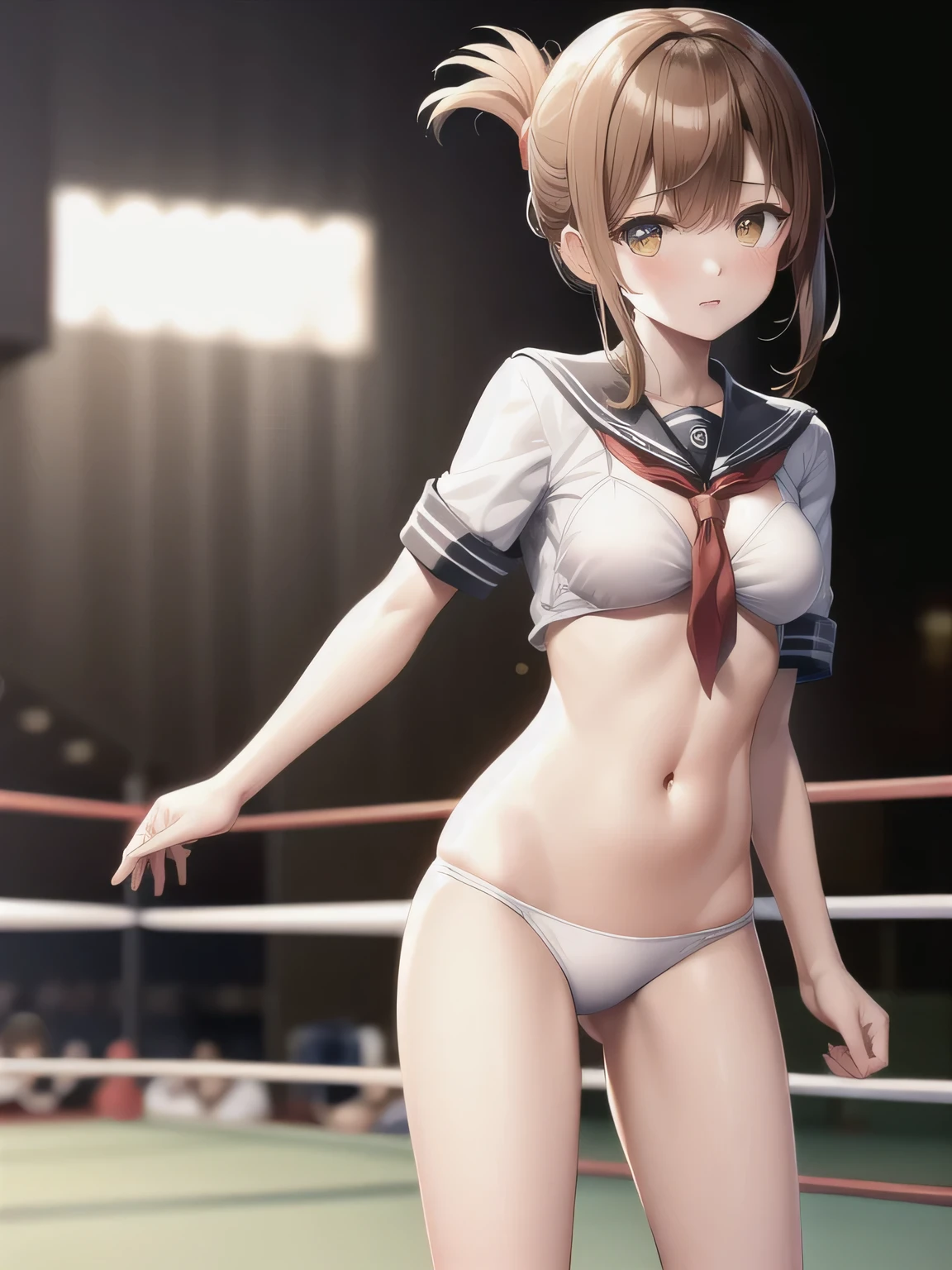 (masterpiece, highest quality),figure,8k,High resolution,One girl,alone,Brown_hair,Folded_ponytail,Brown_eye,serafuku,length_hair,School_uniform,White Bikini、Are standing、Facing forward、The background is professional wrestling