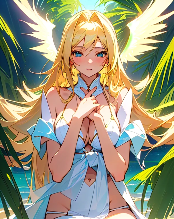 a woman in a bikini top and angel wings is sitting on a table, anime goddess, beautiful alluring anime woman, seductive anime girl, beautiful anime girl, beautiful anime woman, extremely detailed artgerm, blonde anime girl with long hair, detailed digital anime art, beautiful angel, of an beautiful angel girl, of beautiful angel, cute anime waifu in a nice dress