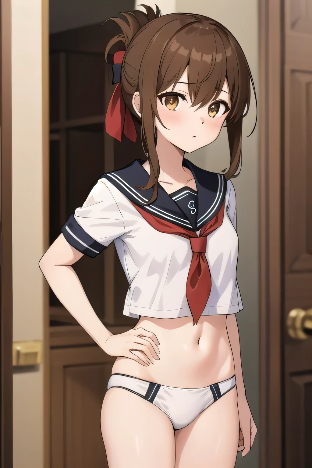 (masterpiece, highest quality:1.2),figure,8k,High resolution,One girl,alone,Brown_hair,Folded_ponytail,Brown_eye,serafuku,length_hair,School_uniform,White Bikini、Are standing、Facing forward