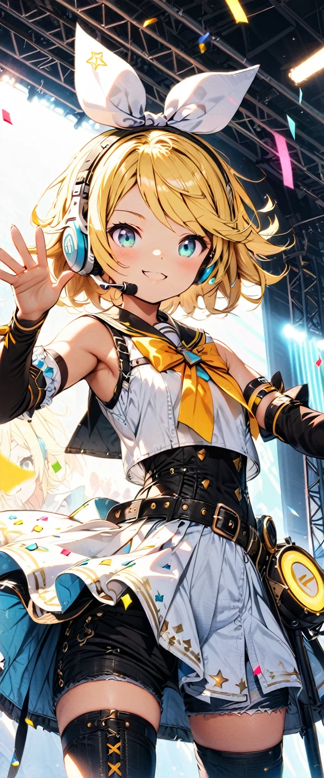 KAGAMINE RIN\(vocaloid\),solo,1female\(cute,kawaii,age of 10,KAGAMINE RIN\(vocaloid\),light yellow hair, short hair,red tattoo of numbers"02" on shoulder,(big white bow),sleeveless white shirt,detached black arm bell sleeves,(arm sleeves are black bell sleeves:1.2),belt,sailor collar,yellow wide tie,white headphones,black short pants,black knee high leg warmers,yellow key strap at belt,open shoulder,singing and dancing,(very cute pose:1.5),(korean idol pose:1.5),dynamic pose,(cute big smile),(full body),looking away\), BREAK ,background\((live stage),colorful confetti,pastel color spotlights,(many colorful music notes),(many audience waving yellow glow sticks at audience seats:1.3),\), BREAK ,quality\(8k,wallpaper of extremely detailed CG unit, ​masterpiece,hight resolution,top-quality,top-quality real texture skin,hyper realisitic,increase the resolution,RAW photos,best qualtiy,highly detailed,the wallpaper,cinematic lighting,ray trace,golden ratio\),RIN is so so cute,dynamic angle,long shot,wide shot,(aerial view:0.3)