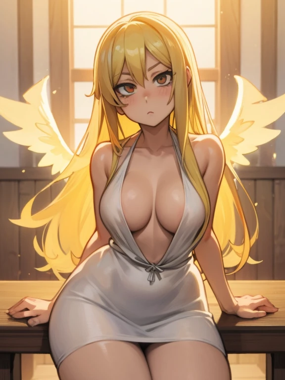 a woman in a bikini top and angel wings is sitting on a table, anime goddess, beautiful alluring anime woman, seductive anime girl, beautiful anime girl, beautiful anime woman, extremely detailed artgerm, blonde anime girl with long hair, detailed digital anime art, beautiful angel, of an beautiful angel girl, of beautiful angel, cute anime waifu in a nice dress