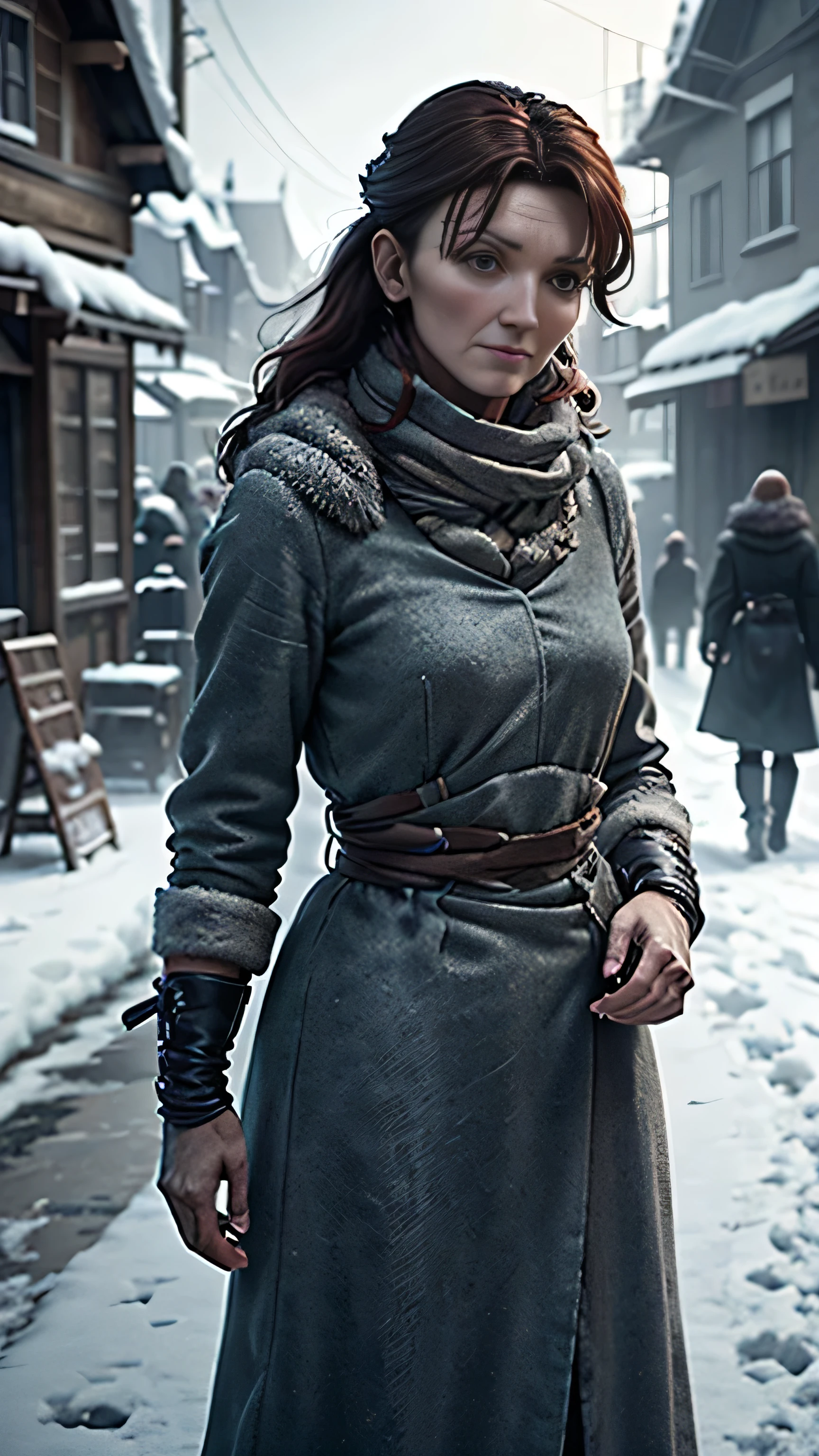 frostpunk, (Michelle Fairley) as Catelyn Stark, long green coat, boots, standing, in a street, cold, winter, snow, (1woman), (solo), (full body view), beautiful detailed glow, detailed, cinematic light, intricate detail, realistic, highres, detailed facial features, high detail, sharp focus, smooth, aesthetic, extremely detailed, stamp, octane render