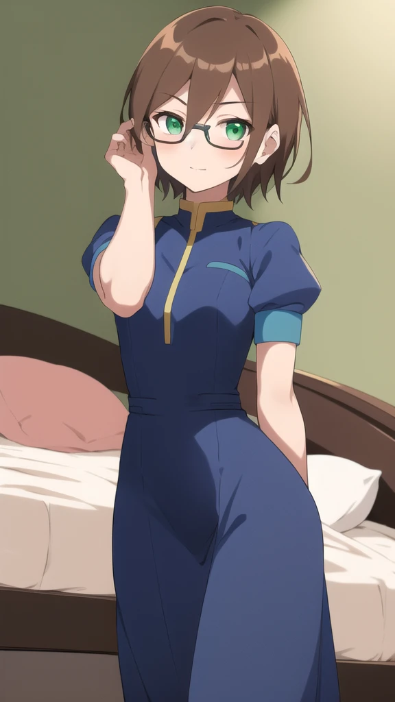 Aile_megamanzx, 1 girl, looking at viewer, Brown hair, green eyes ,bedroom background , Glasses, Evening dress
