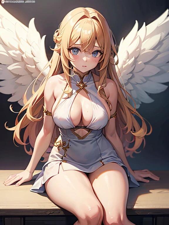 a woman in a bikini top and angel wings is sitting on a table, anime goddess, beautiful alluring anime woman, seductive anime girl, beautiful anime girl, beautiful anime woman, extremely detailed artgerm, blonde anime girl with long hair, detailed digital anime art, beautiful angel, of an beautiful angel girl, of beautiful angel, cute anime waifu in a nice dress