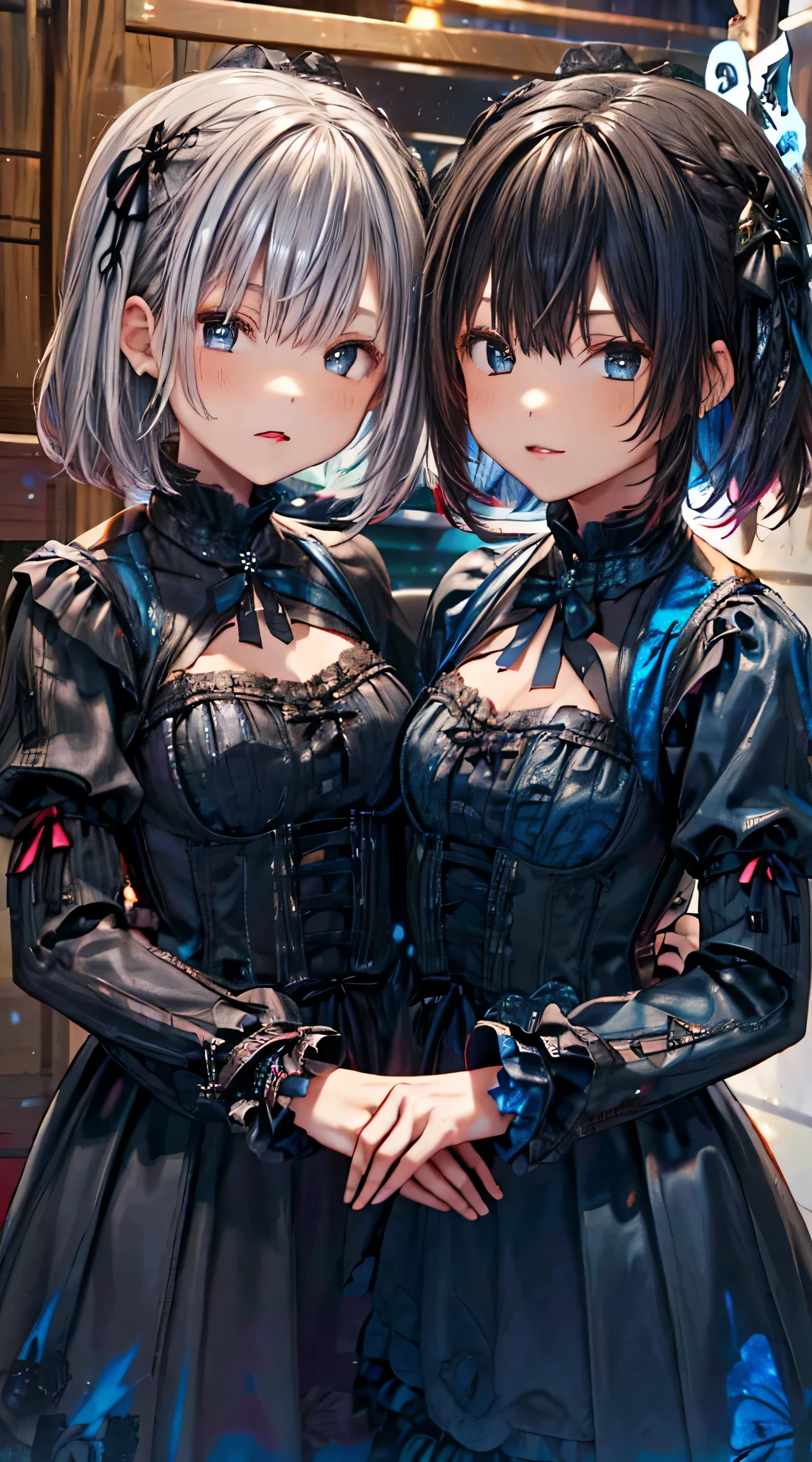 Luminescent Blue、BlackLuminescent blue、、((((Dark blue straight hair))))、(((Twin sisters wearing black and white gothic ta dresses)))(((Twin sisters))) two girls, silver hair and silver hair