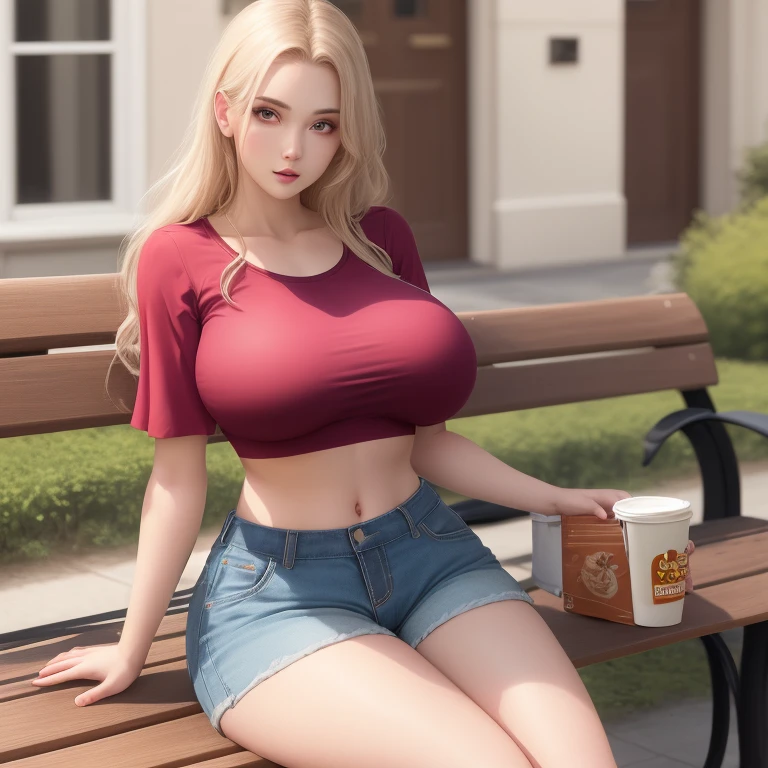 A woman sitting on a bench, big breasts, fake look, eyes are staring into nothing, perfect body, beuatiful, european, wearing shorts, and crop top