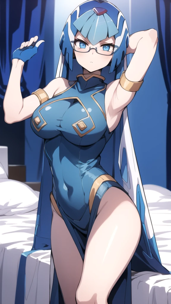 Leviathan_Megamanz, 1 girl, looking at viewer, blue hair, Blue eyes, bedroom background, glasses, Evening dress