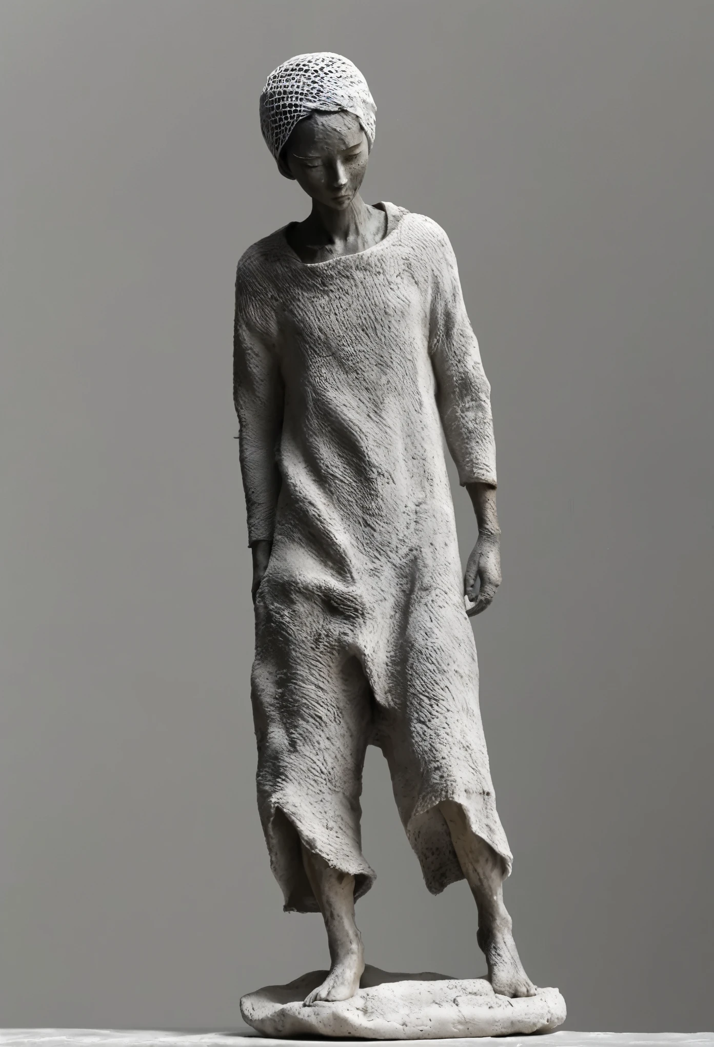 (best quality:1.2),ultra-light Clay, Clay, Pottery, Rough knitted texture, distressed, dirty, mineral pigments, 3D Clay sculpture art, Clay sculpture, Rough surface, (pack，skinny，solitary figure，whole body，Barefoot，Black Slope,Slope background,Gray background,cover up,Solitary,permanent)