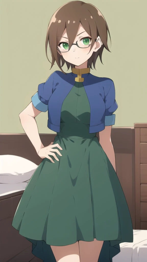 Aile_megamanzx, 1 girl, looking at viewer, Brown hair, green eyes ,bedroom background , Glasses, Evening dress