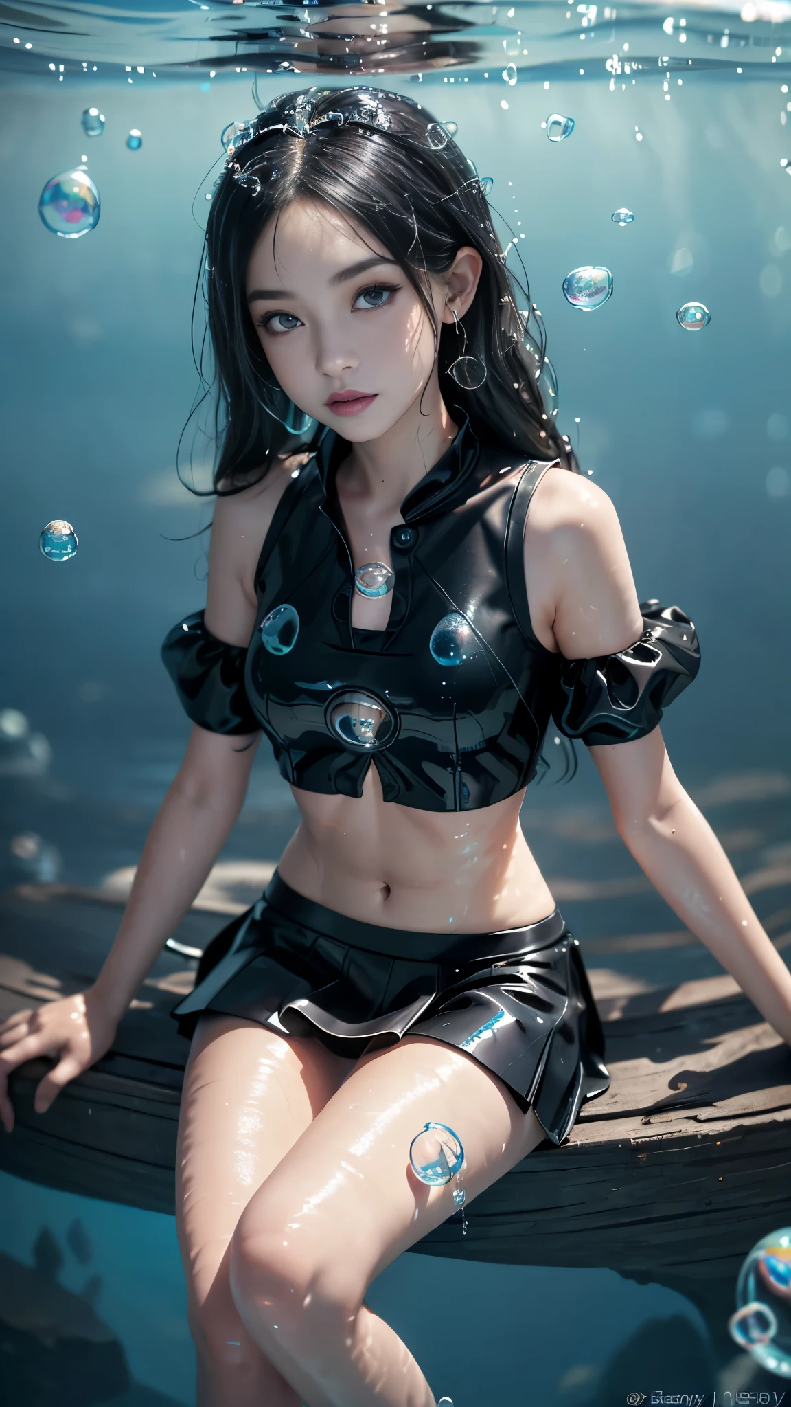 8K, ultra hd, masterpiece, (very detailed), 1 girl, 18 years old, ((glossy bosy)), slim body, ribs, bones, happy face, long hair, detailed eyes, detailed lips, small breasts, (swiming cosplay:1.5), ((black mini skirt)), (black vest), ((bare stomach)), loops, straps, realistic shadow, sea, morning, ((bubble:1.5)), (water bubbles:1.5), water, beautiful, rain, realistic water, water reflection, RTX 4090, ray tracing, bloom, bokeh, underwater, sitting,