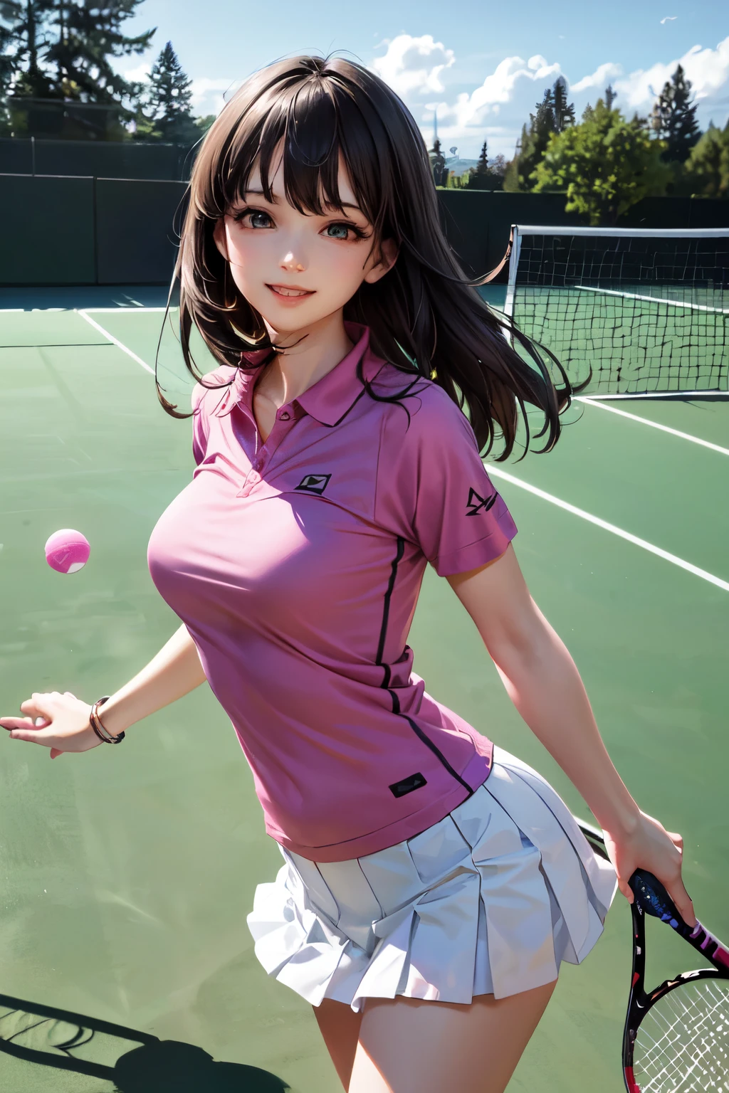 very cute and beautiful girl,(highly detailed beautiful face and eyes),(smile:1.2),blush,looking at viewer,
(pink tennis shirt),elegant pose,detailed legs,(white mini golf skirt),
tennis ground,distant trees,forest,black hair,
(best quality,masterpiece),absurdres,highres,ultra-detailed,extremely detailed,32k,8k resolution,
intricate details,cinematic scene,detailed background,solo,dynamic angle,