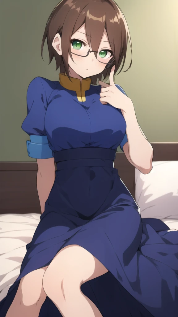 Aile_megamanzx, 1 girl, looking at viewer, Brown hair, green eyes ,bedroom background , Glasses, Evening dress