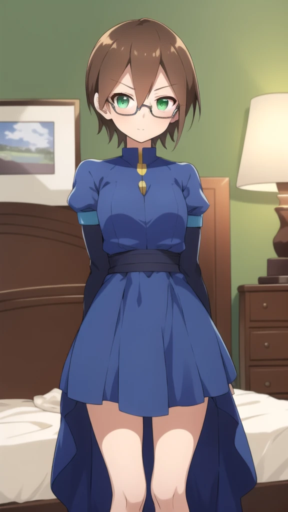 Aile_megamanzx, 1 girl, looking at viewer, Brown hair, green eyes ,bedroom background , Glasses, Evening dress