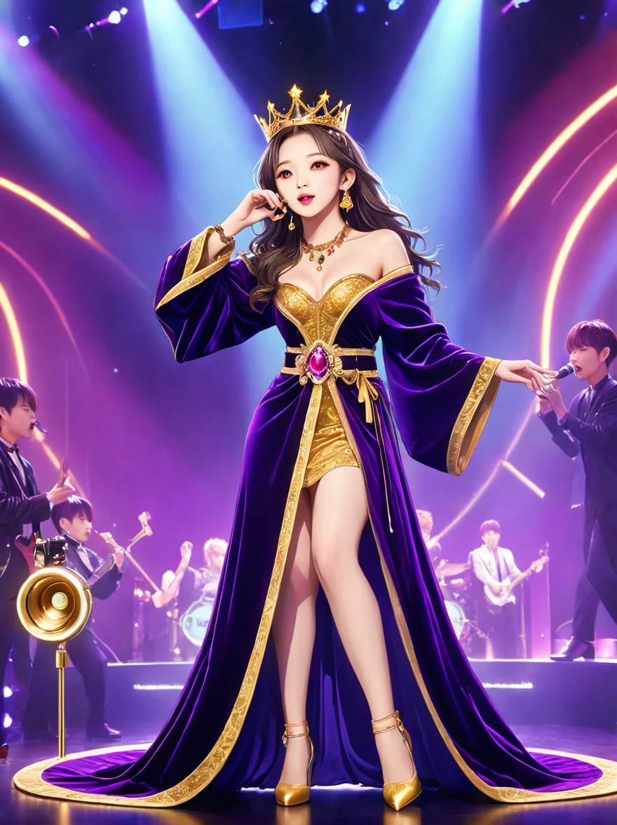 (Vision:1.8)，1girl, concert，(audience:1.5), (Idol stage:1.5)，weekend，站在金碧辉煌的Idol stage上，Wearing a golden crown，Dressed in a royal purple velvet robe，Wearing exquisite jewelry，Under the stage lights，A confident expression，The slim microphone fits in your hand，The stage is filled with smoke，Lights focus on people，It creates a mysterious and charming atmosphere，Beautiful eyes and lips，Even more attractive against the shadow background，Laser shows and moving stage effects complement the pulsating neon lights，Create a vibrant performance atmosphere，The stage floor is gleaming，The crowd was enthusiastic，Warm atmosphere，Eye-catching stage design，Full of technology，World-class production standards，Bringing a modern entertainment experience，Music and images blend perfectly，Demonstrating artistic expression and musical talent，The charming stage style makes people intoxicated，Best quality，8K, high resolution，masterpiece，Photorealistic effects，(从远处观看Idol stage:1.6)，((Stage scene in telescope))