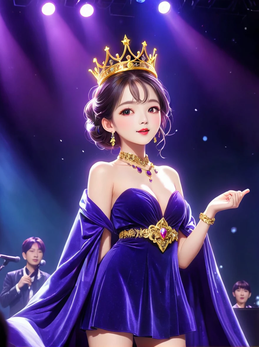 (Vision:1.8)，1girl, concert，(audience:1.5), (Idol stage:1.5)，weekend，站在金碧辉煌的Idol stage上，Wearing a golden crown，Dressed in a royal purple velvet robe，Wearing exquisite jewelry，Under the stage lights，A confident expression，The slim microphone fits in your hand，The stage is filled with smoke，Lights focus on people，It creates a mysterious and charming atmosphere，Beautiful eyes and lips，Even more attractive against the shadow background，Laser shows and moving stage effects complement the pulsating neon lights，Create a vibrant performance atmosphere，The stage floor is gleaming，The crowd was enthusiastic，Warm atmosphere，Eye-catching stage design，Full of technology，World-class production standards，Bringing a modern entertainment experience，Music and images blend perfectly，Demonstrating artistic expression and musical talent，The charming stage style makes people intoxicated，Best quality，8K, high resolution，masterpiece，Photorealistic effects，(从远处观看Idol stage:1.6)，((Stage scene in telescope))