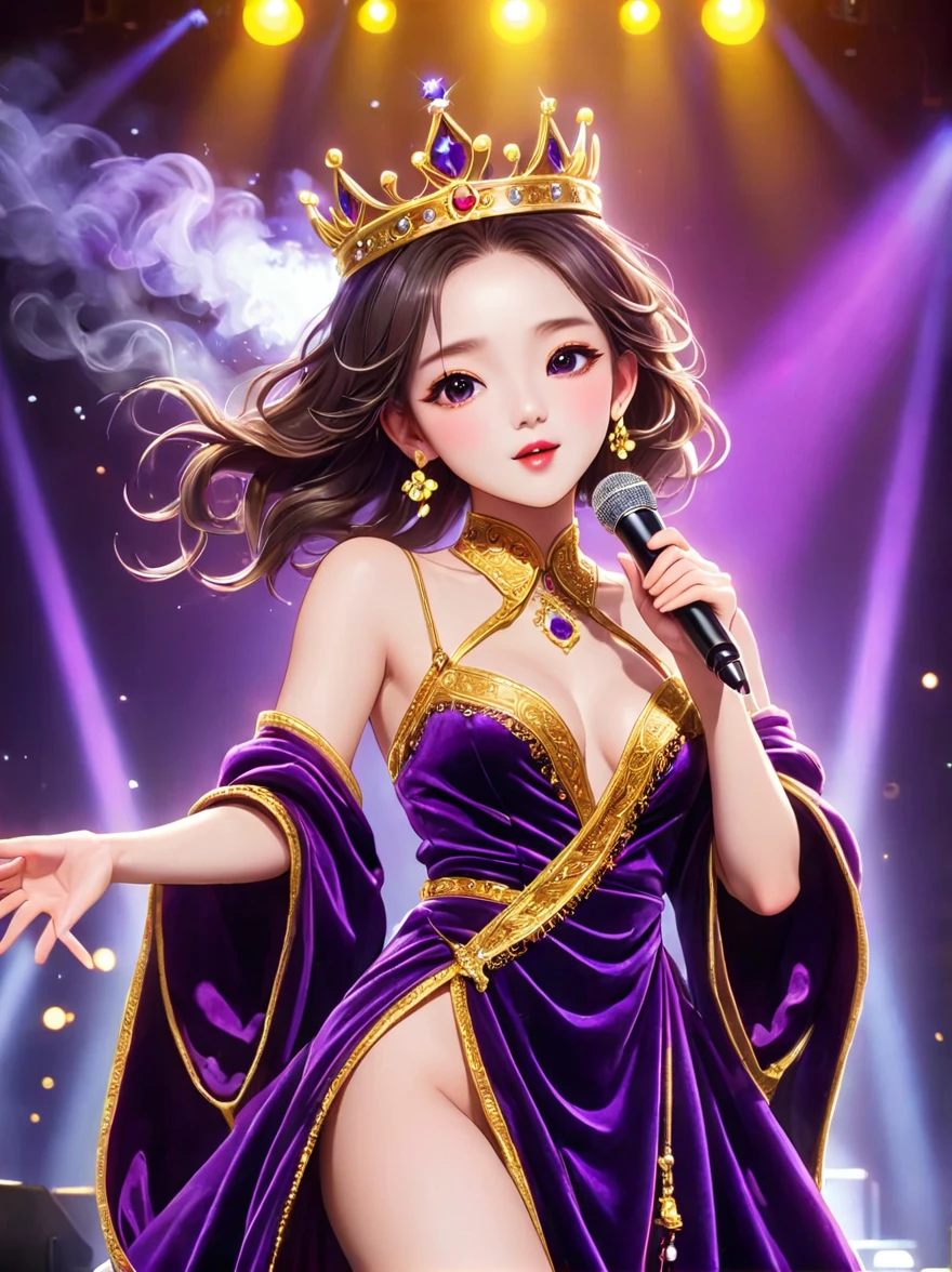 (Vision:1.8)，1girl, concert，(audience:1.5), (Idol stage:1.5)，weekend，站在金碧辉煌的Idol stage上，Wearing a golden crown，Dressed in a royal purple velvet robe，Wearing exquisite jewelry，Under the stage lights，A confident expression，The slim microphone fits in your hand，The stage is filled with smoke，Lights focus on people，It creates a mysterious and charming atmosphere，Beautiful eyes and lips，Even more attractive against the shadow background，Laser shows and moving stage effects complement the pulsating neon lights，Create a vibrant performance atmosphere，The stage floor is gleaming，The crowd was enthusiastic，Warm atmosphere，Eye-catching stage design，Full of technology，World-class production standards，Bringing a modern entertainment experience，Music and images blend perfectly，Demonstrating artistic expression and musical talent，The charming stage style makes people intoxicated，Best quality，8K, high resolution，masterpiece，Photorealistic effects，(从远处观看Idol stage:1.6)，((Stage scene in telescope))