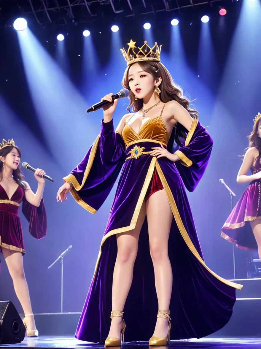 (Vision:1.8)，1girl, concert，(audience:1.5), (Idol stage:1.5)，weekend，站在金碧辉煌的Idol stage上，Wearing a golden crown，Dressed in a royal purple velvet robe，Wearing exquisite jewelry，Under the stage lights，A confident expression，The slim microphone fits in your hand，The stage is filled with smoke，Lights focus on people，It creates a mysterious and charming atmosphere，Beautiful eyes and lips，Even more attractive against the shadow background，Laser shows and moving stage effects complement the pulsating neon lights，Create a vibrant performance atmosphere，The stage floor is gleaming，The crowd was enthusiastic，Warm atmosphere，Eye-catching stage design，Full of technology，World-class production standards，Bringing a modern entertainment experience，Music and images blend perfectly，Demonstrating artistic expression and musical talent，The charming stage style makes people intoxicated，Best quality，8K, high resolution，masterpiece，Photorealistic effects，(从远处观看Idol stage:1.6)，((Stage scene in telescope))