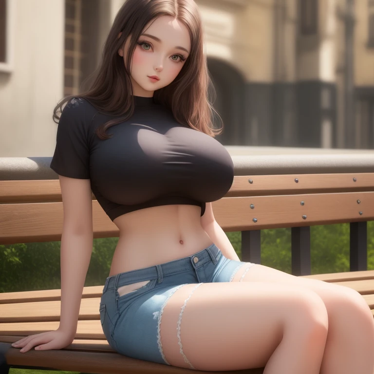 A woman sitting on a bench, big breasts, doll look, eyes are staring into nothing, perfect body, beuatiful, european, wearing shorts, and crop top